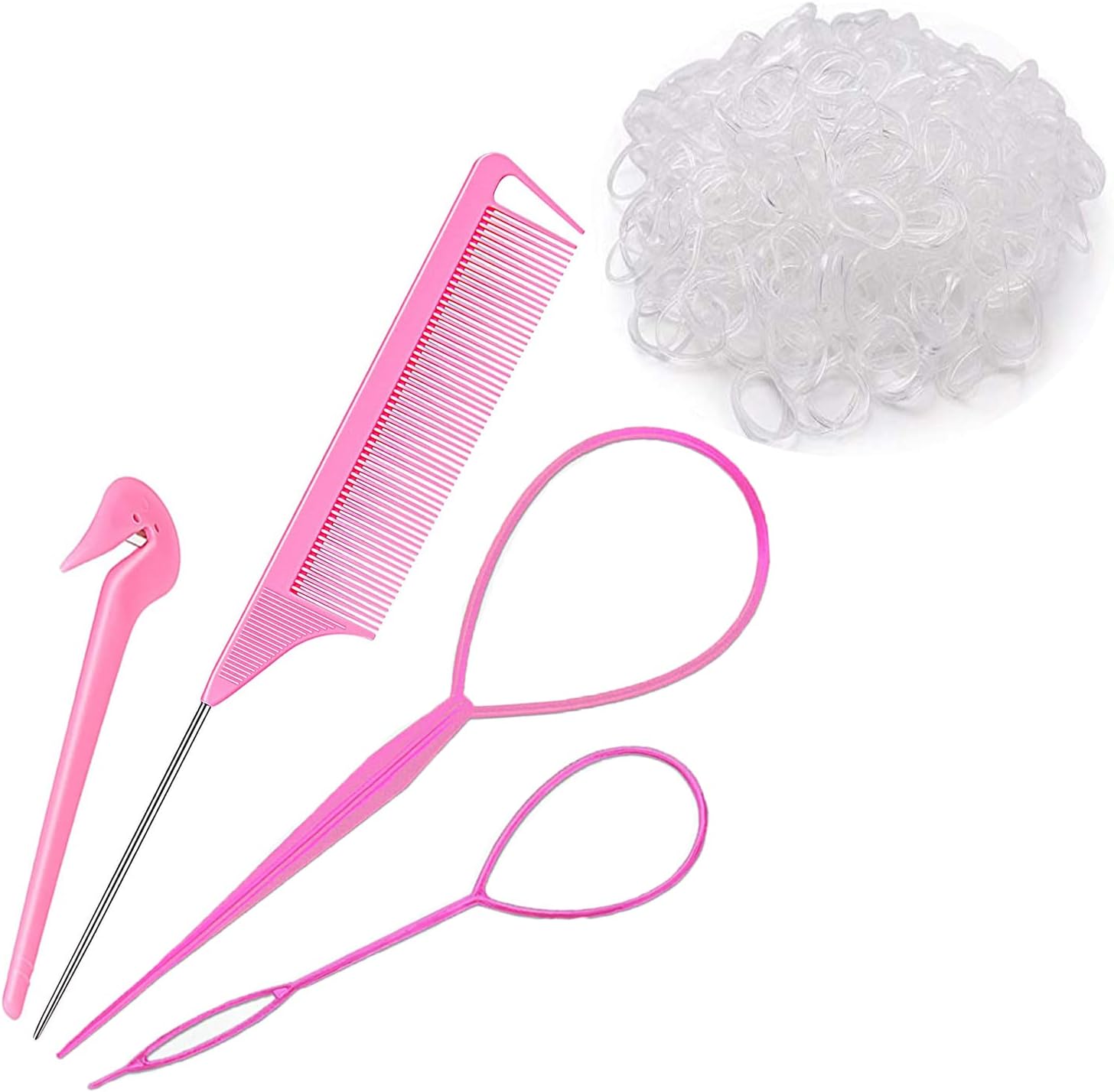 Hair Loop Styling Tool Set with 1000 Pcs Clear Mini Elastic Hair Bands 1 Pcs Rat Tail Combs for Braiding Styling 2 Pcs Hair Pull Through Tool 1 Pcs Hair Band Cutter - Pink - Image 1