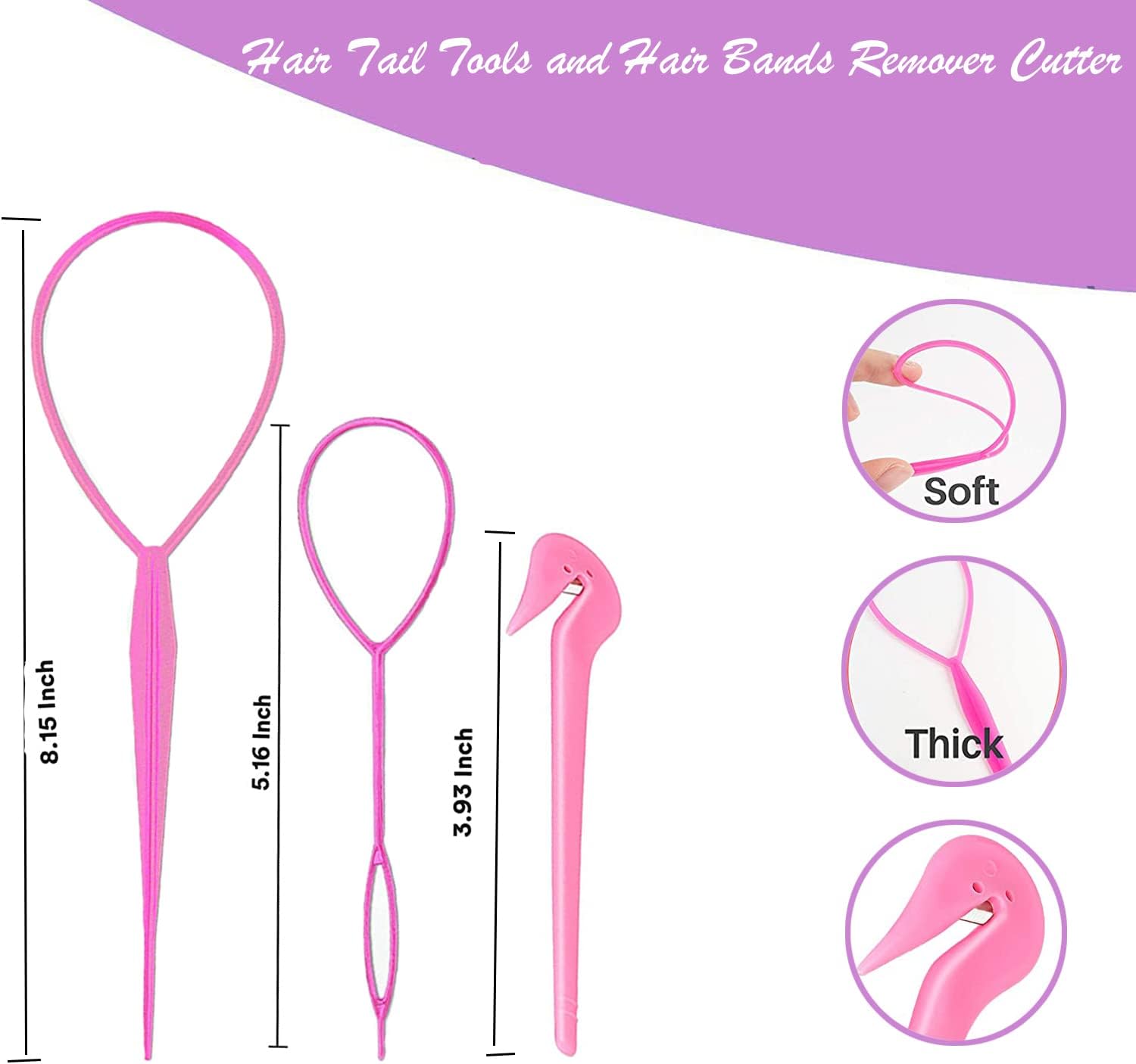 Hair Loop Styling Tool Set with 1000 Pcs Clear Mini Elastic Hair Bands 1 Pcs Rat Tail Combs for Braiding Styling 2 Pcs Hair Pull Through Tool 1 Pcs Hair Band Cutter - Pink - Image 3