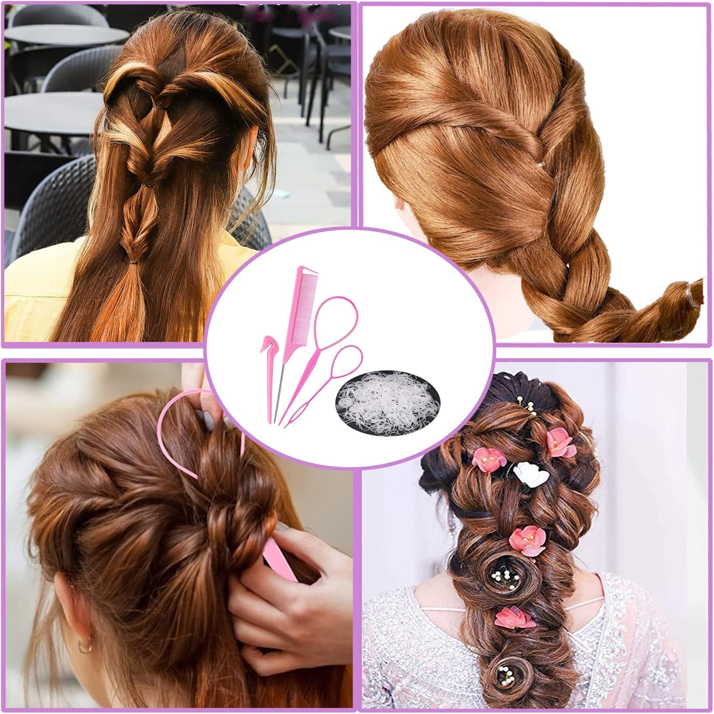 Hair Loop Styling Tool Set with 1000 Pcs Clear Mini Elastic Hair Bands 1 Pcs Rat Tail Combs for Braiding Styling 2 Pcs Hair Pull Through Tool 1 Pcs Hair Band Cutter - Pink - Image 6