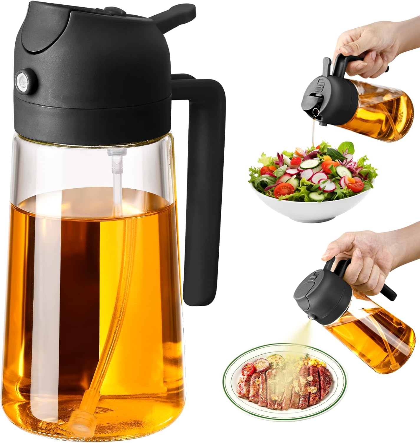 Oil Sprayer for Cooking, 470ml/16oz 2 in 1 Oil Dispenser and Oil Sprayer, Glass Olive Oil Bottle Pourer for Kitchen, Cooking, Salad, Barbecue (Black) - Image 1