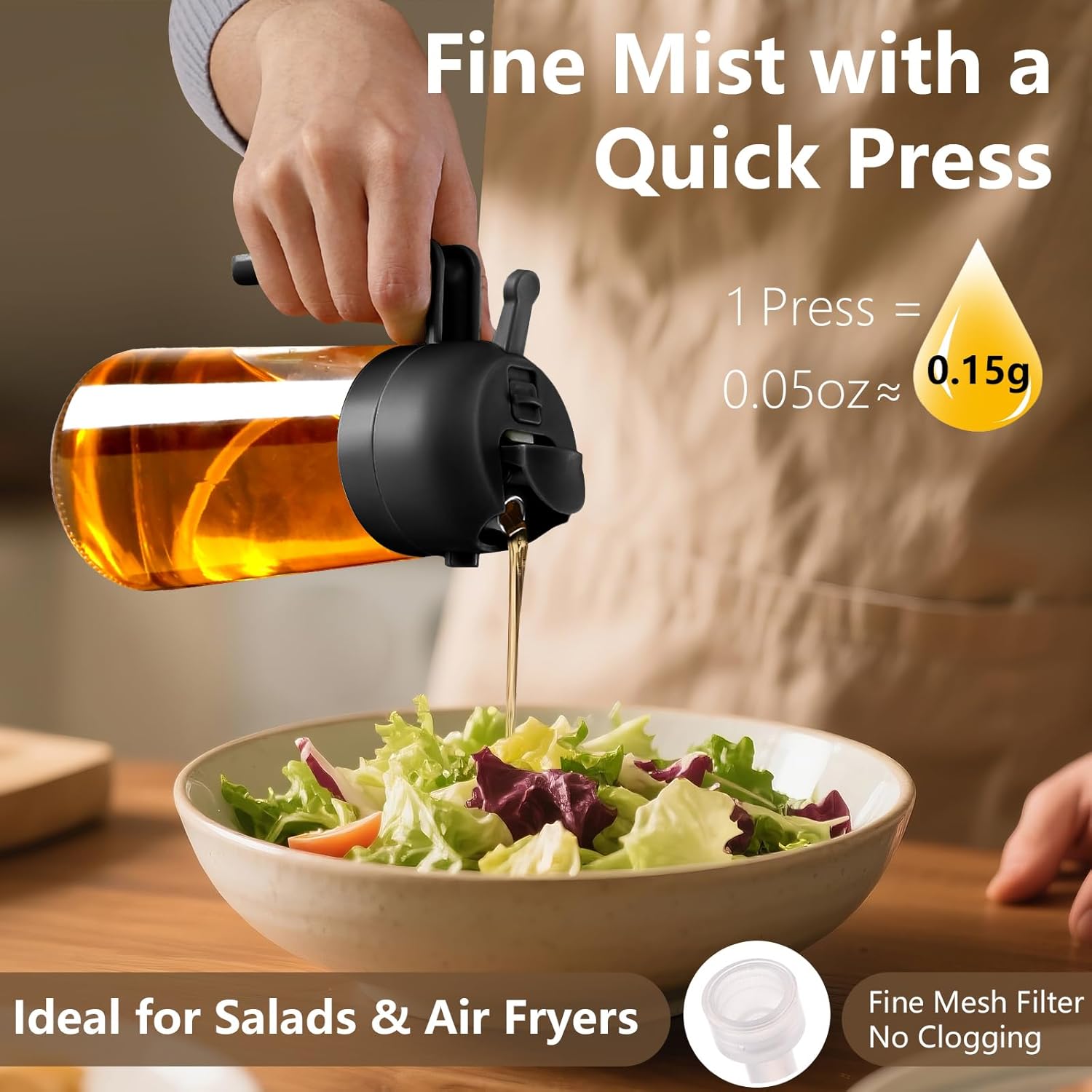 Oil Sprayer for Cooking, 470ml/16oz 2 in 1 Oil Dispenser and Oil Sprayer, Glass Olive Oil Bottle Pourer for Kitchen, Cooking, Salad, Barbecue (Black) - Image 3