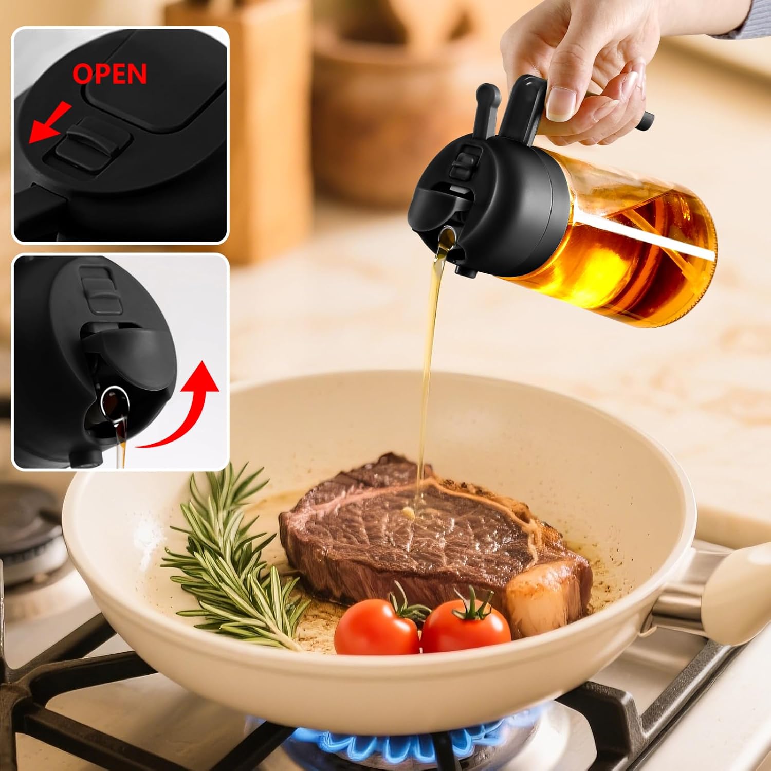 Oil Sprayer for Cooking, 470ml/16oz 2 in 1 Oil Dispenser and Oil Sprayer, Glass Olive Oil Bottle Pourer for Kitchen, Cooking, Salad, Barbecue (Black) - Image 4