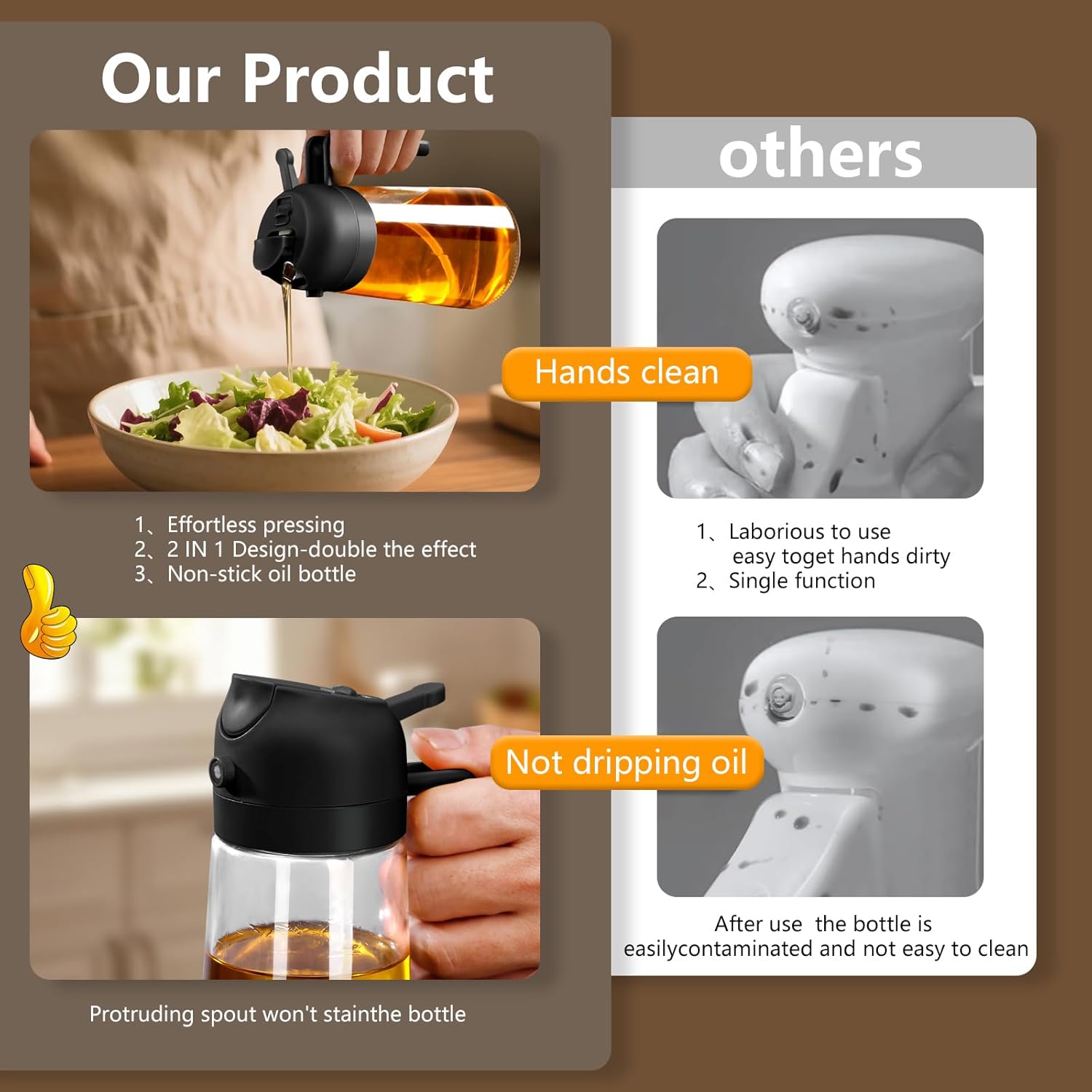 Oil Sprayer for Cooking, 470ml/16oz 2 in 1 Oil Dispenser and Oil Sprayer, Glass Olive Oil Bottle Pourer for Kitchen, Cooking, Salad, Barbecue (Black) - Image 6