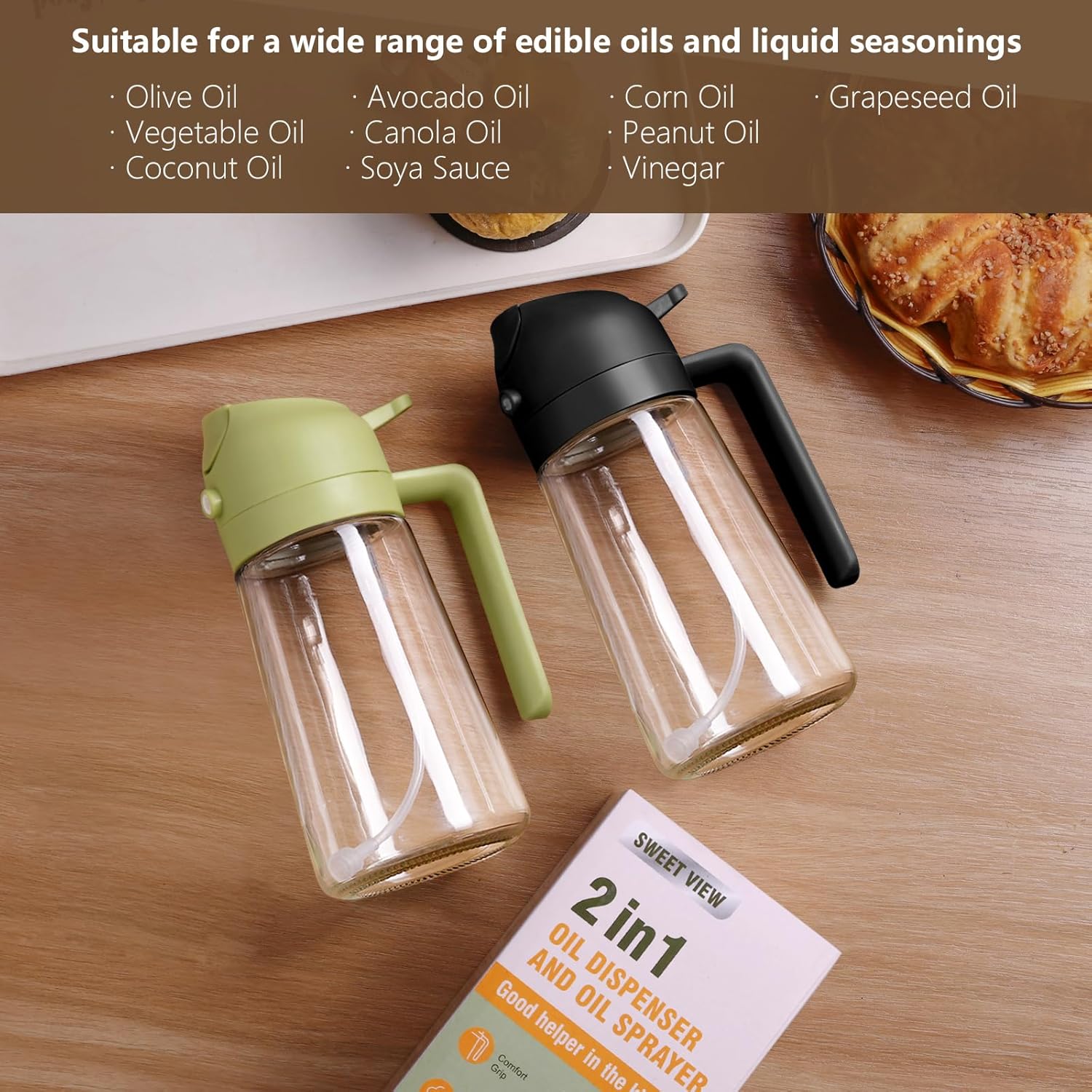 Oil Sprayer for Cooking, 470ml/16oz 2 in 1 Oil Dispenser and Oil Sprayer, Glass Olive Oil Bottle Pourer for Kitchen, Cooking, Salad, Barbecue (Black) - Image 7