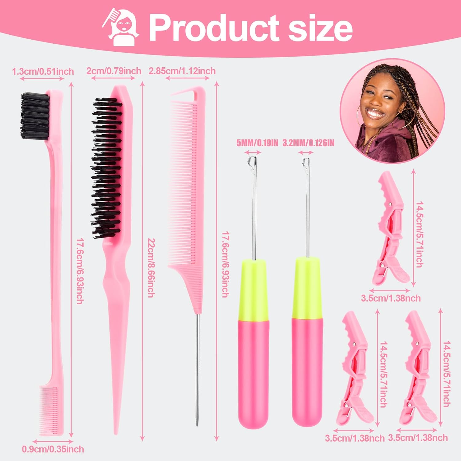 Crochet Hooks for Hair with 2pcs Crochet Needle, 1pcs Edge Brush, 1pcs Bristle Hair Brush, 1pcs Rat Tail Comb, 3pcs Gator Clips Crochet Needle for Passion Twist Crochet Hair Extensions - Image 2