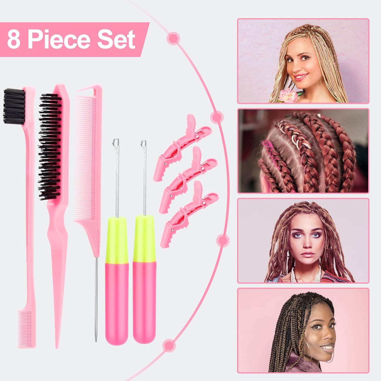 Crochet Hooks for Hair with 2pcs Crochet Needle, 1pcs Edge Brush, 1pcs Bristle Hair Brush, 1pcs Rat Tail Comb, 3pcs Gator Clips Crochet Needle for Passion Twist Crochet Hair Extensions - Image 7