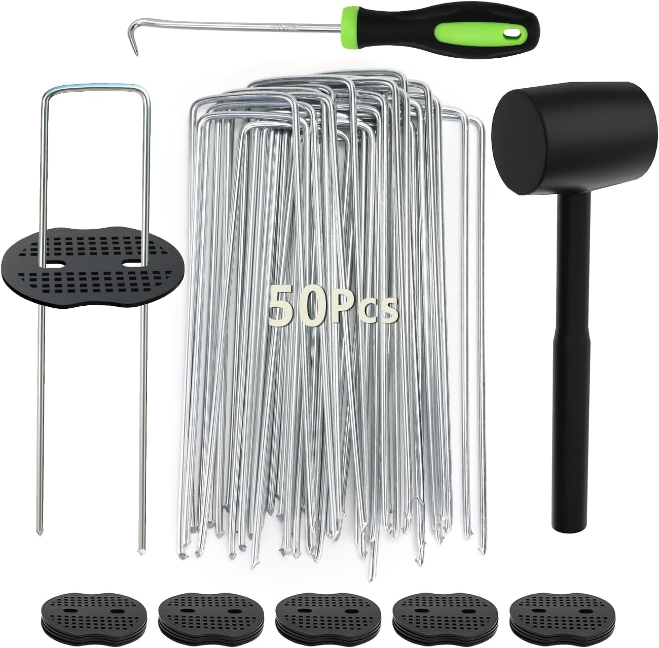 102Pcs 6 Inches Landscape Staples with Gasket Kit. 50Pcs U-Shaped Garden Stakes and Plastic Fixing Gasket, with Pick Hook and Black Hammer. Pins for Tent Turf Weed Barrier Fabric Hose Fence - Image 1