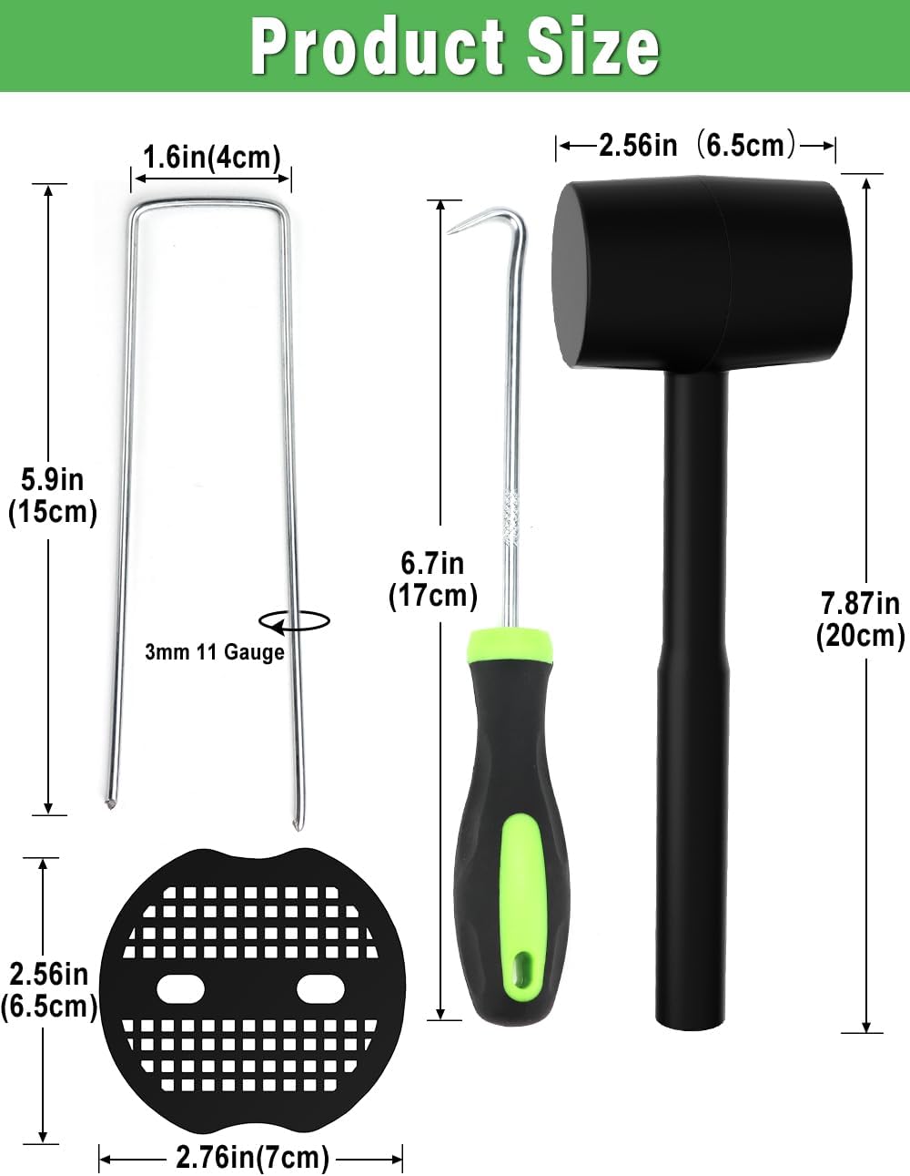 102Pcs 6 Inches Landscape Staples with Gasket Kit. 50Pcs U-Shaped Garden Stakes and Plastic Fixing Gasket, with Pick Hook and Black Hammer. Pins for Tent Turf Weed Barrier Fabric Hose Fence - Image 2