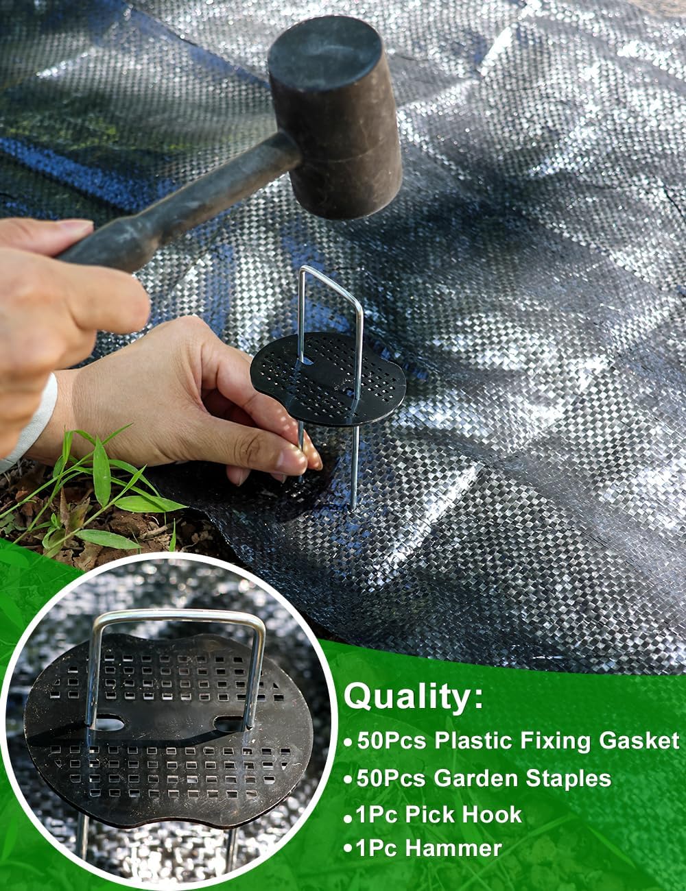 102Pcs 6 Inches Landscape Staples with Gasket Kit. 50Pcs U-Shaped Garden Stakes and Plastic Fixing Gasket, with Pick Hook and Black Hammer. Pins for Tent Turf Weed Barrier Fabric Hose Fence - Image 4
