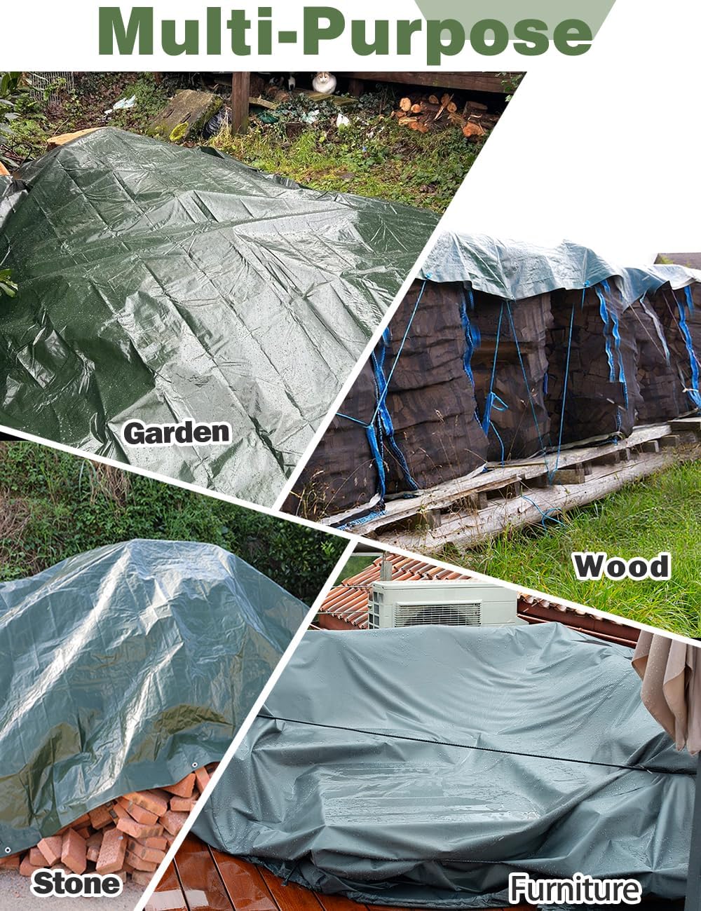 120GSM Tarpaulin Waterproof Heavy Duty, 6.6 x 9.8 Ft Large Green Rainproof Tarp UV/Tear Resistant PE Tarpaulin Sheet Tent with Reinforced Eyelets, Cover for Pool, Caravan, Garden Furniture - Image 6