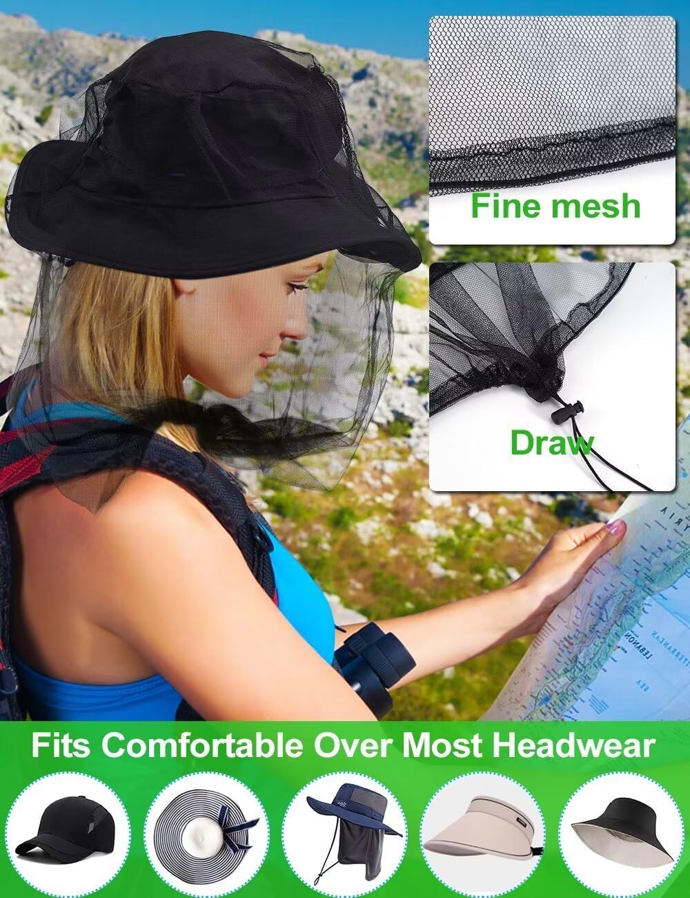 Mosquito Head Net Mesh with Drawstring, Bug Face Netting for Hats, Mesh Face Shield for Men & Women Screen Net for Any Outdoor Lover Midges, Bugs & Gnats (2 Packs, Black Grey, Updated Size) - Image 3