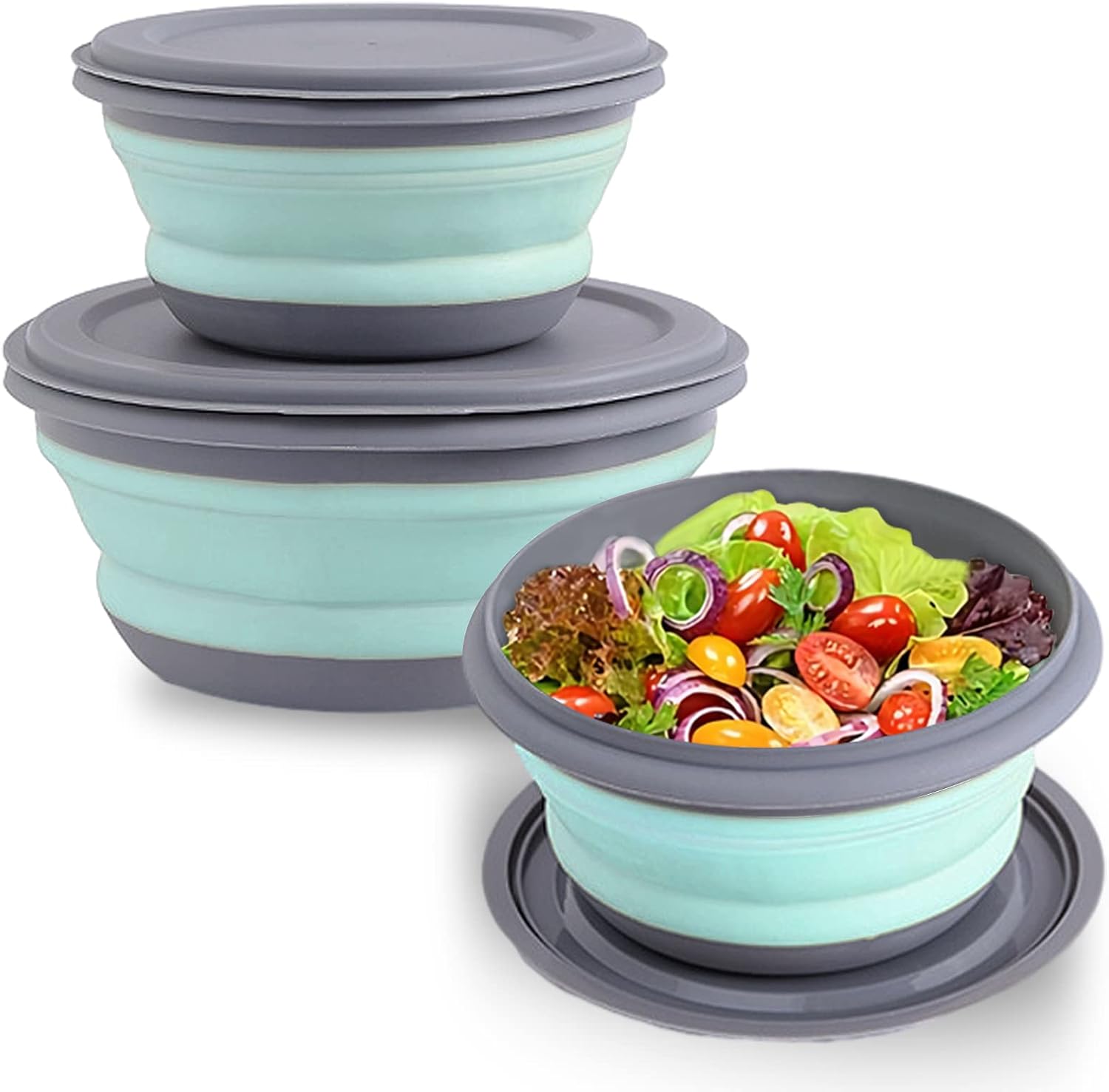 Collapsible Bowls, 3pcs Food Grade Silicone Camping Bowl Salad Bowl with lids, Portable Expandable Lunch Box Food Storage Container for Camping Travel and Picnic - Image 1