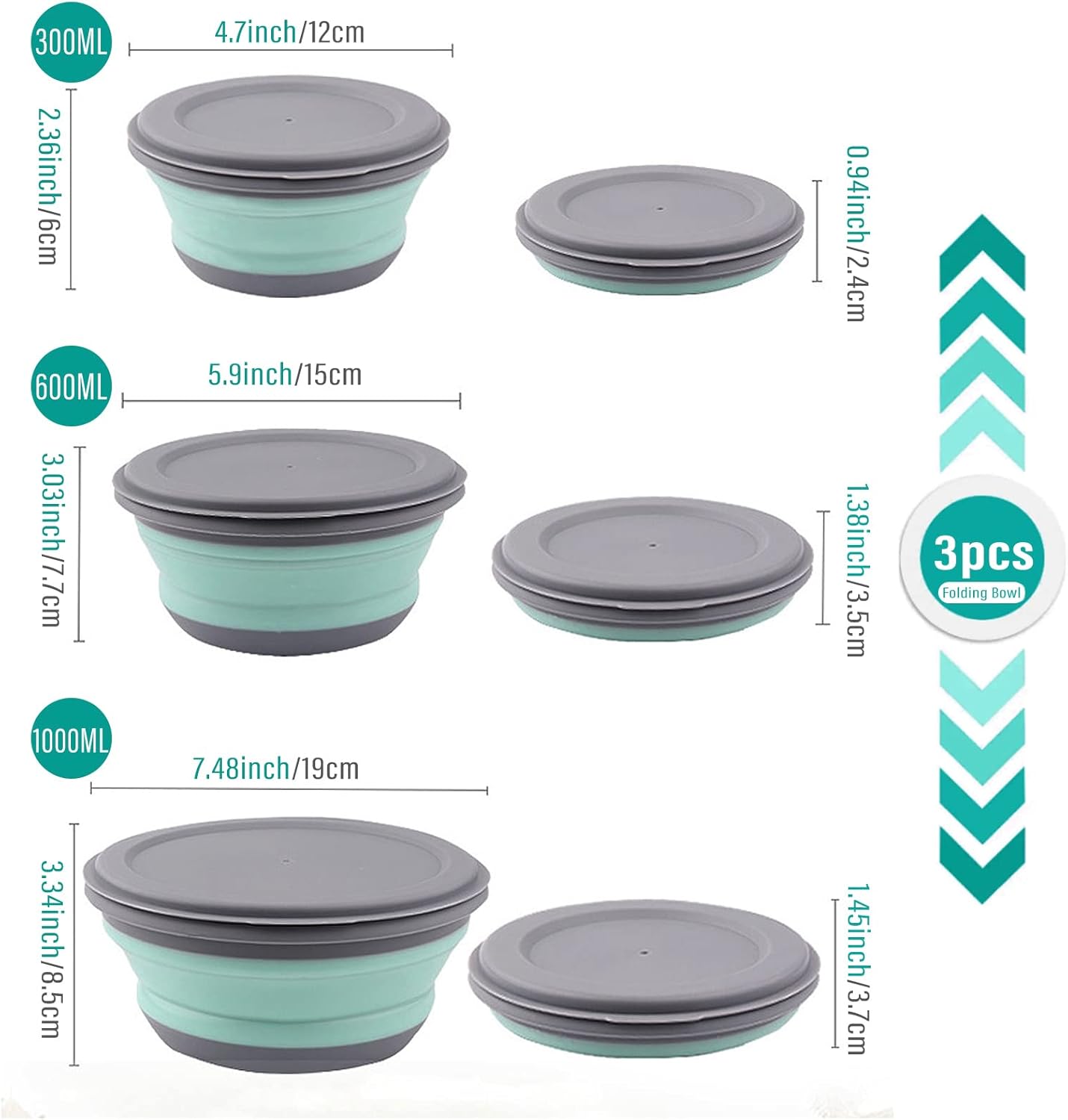 Collapsible Bowls, 3pcs Food Grade Silicone Camping Bowl Salad Bowl with lids, Portable Expandable Lunch Box Food Storage Container for Camping Travel and Picnic - Image 2