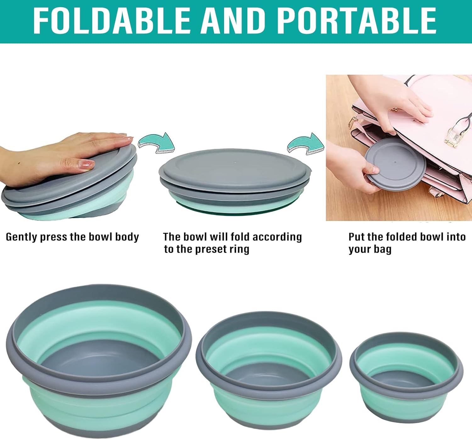 Collapsible Bowls, 3pcs Food Grade Silicone Camping Bowl Salad Bowl with lids, Portable Expandable Lunch Box Food Storage Container for Camping Travel and Picnic - Image 3