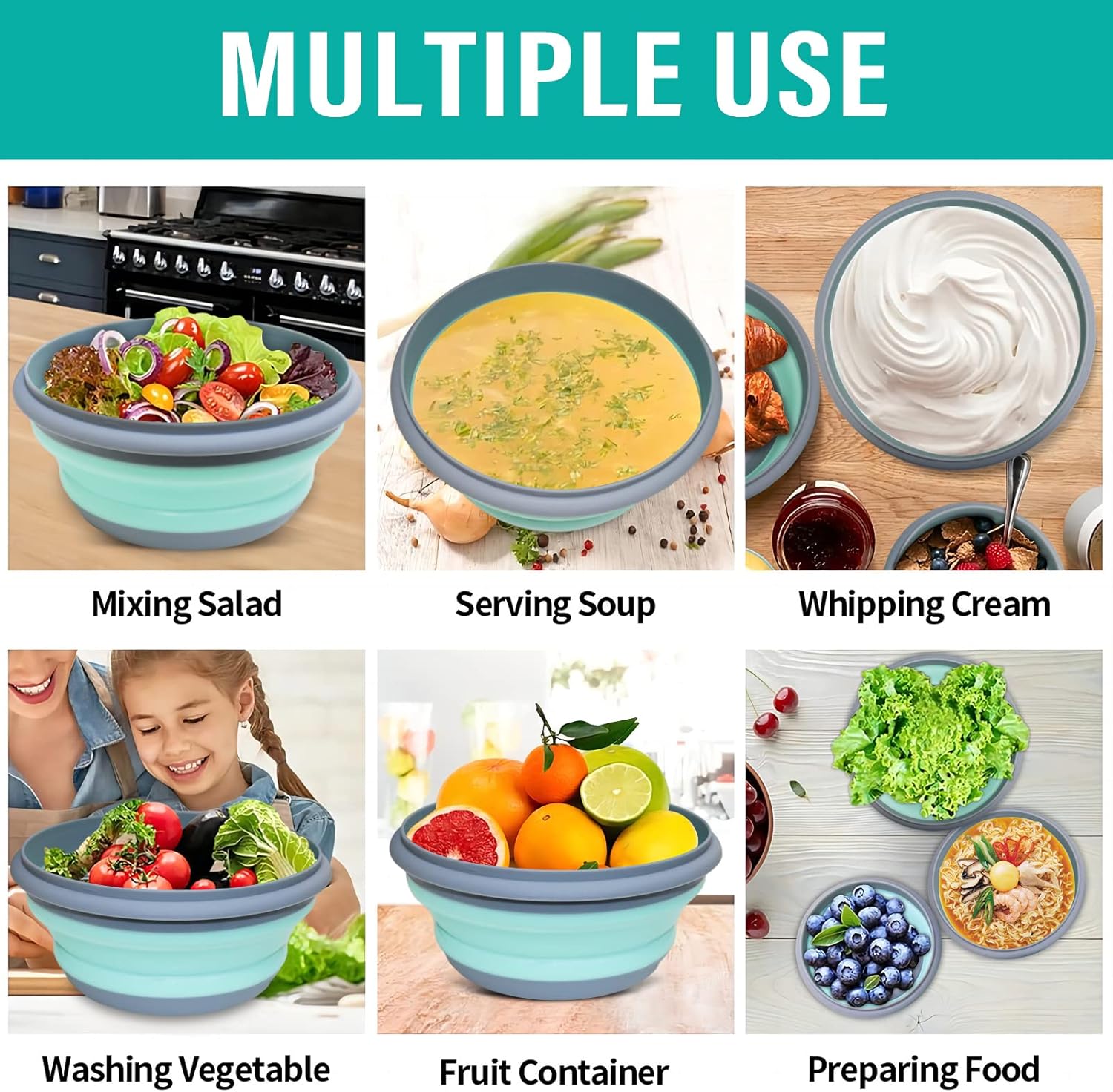 Collapsible Bowls, 3pcs Food Grade Silicone Camping Bowl Salad Bowl with lids, Portable Expandable Lunch Box Food Storage Container for Camping Travel and Picnic - Image 5
