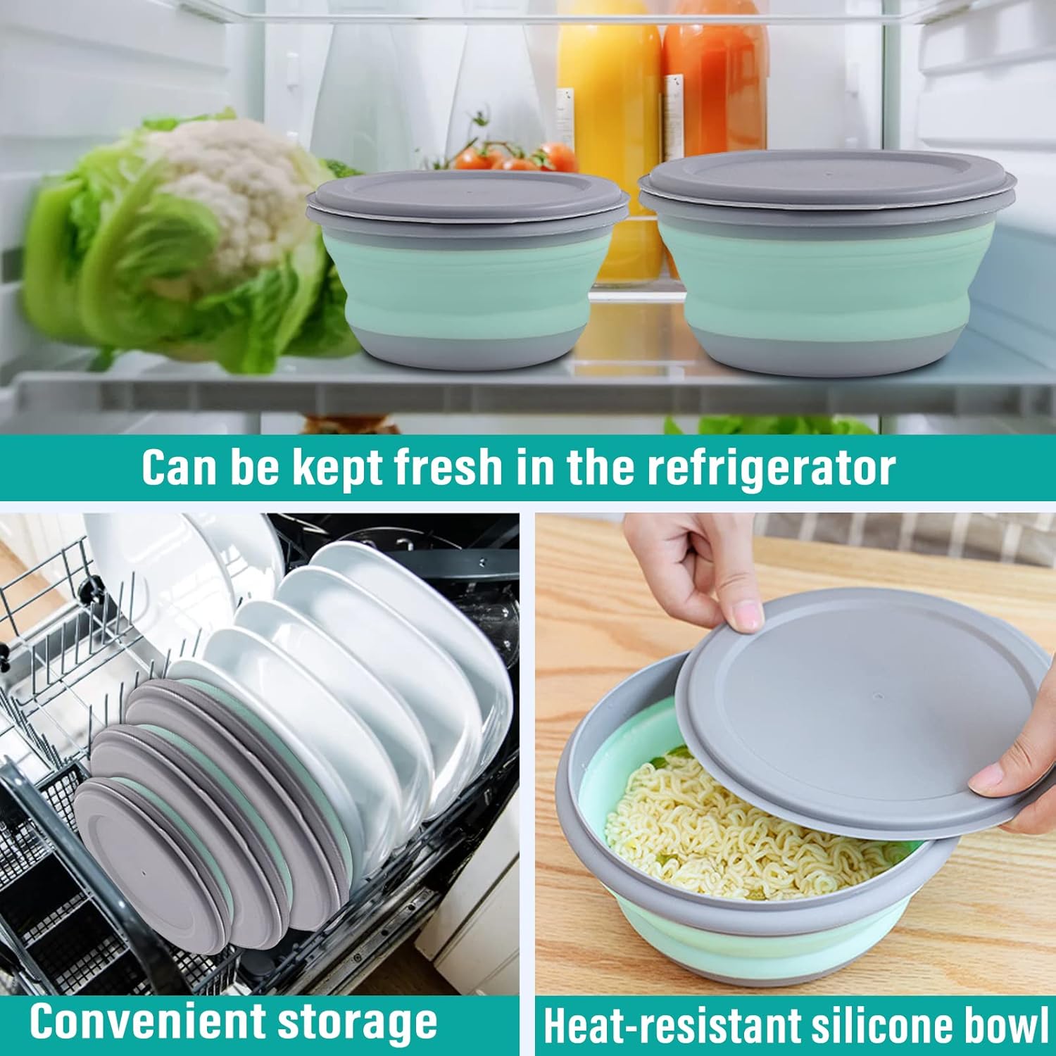 Collapsible Bowls, 3pcs Food Grade Silicone Camping Bowl Salad Bowl with lids, Portable Expandable Lunch Box Food Storage Container for Camping Travel and Picnic - Image 6