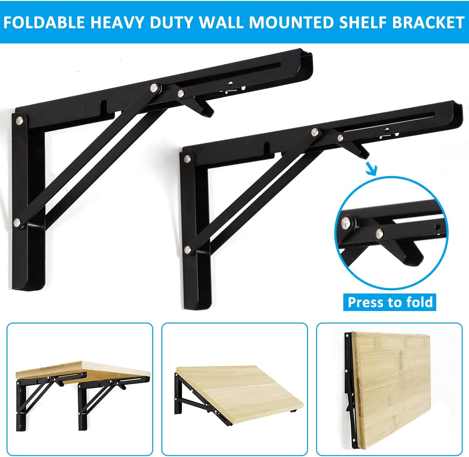 2 Pack 12 Inch Folding Shelf Brackets,  Heavy Duty Metal Wall Mounted Triangle Table Bench Max Load 220lb Collapsible Shelf Hinge with Screws for DIY Bracket, Work Table & Bench - Image 4