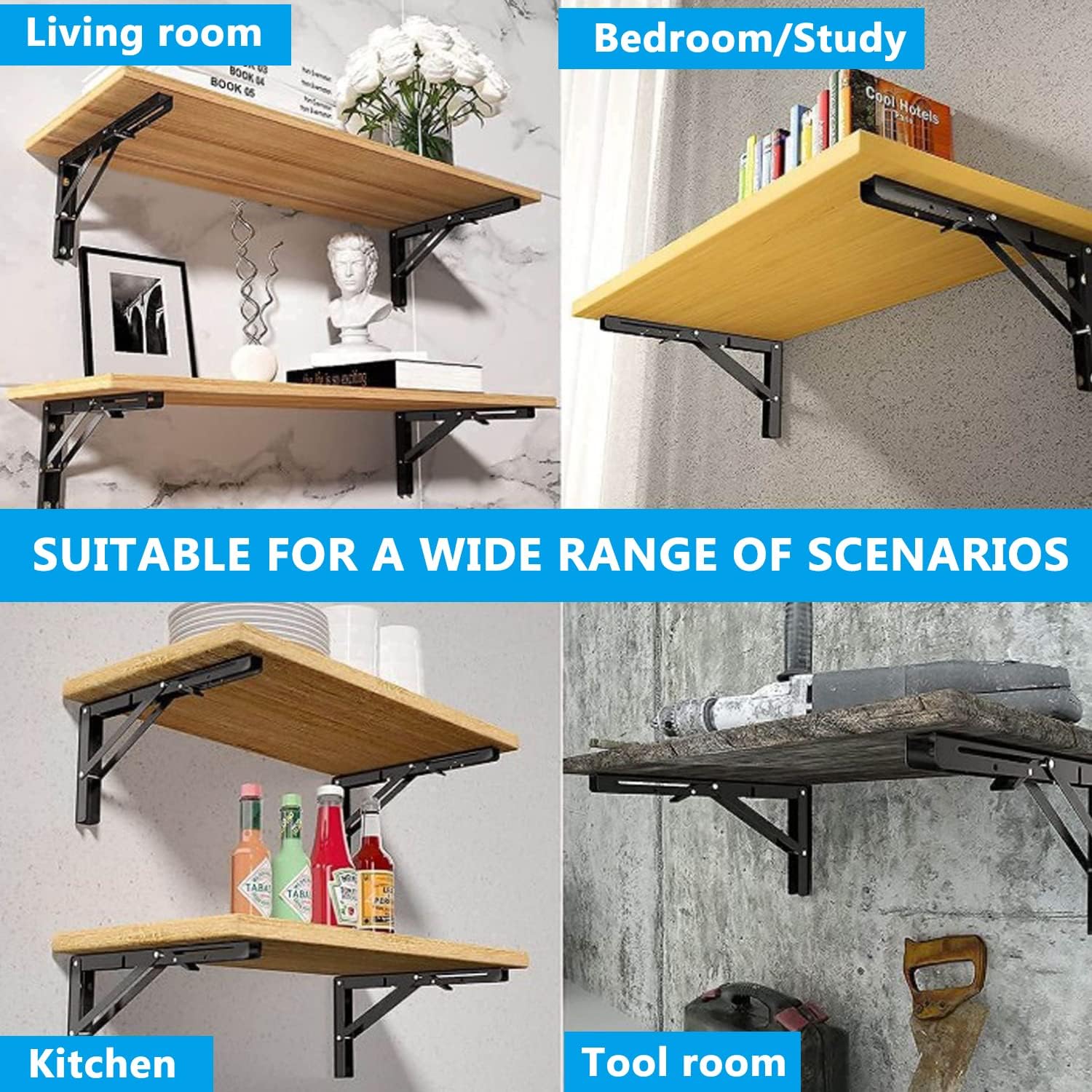 2 Pack 12 Inch Folding Shelf Brackets,  Heavy Duty Metal Wall Mounted Triangle Table Bench Max Load 220lb Collapsible Shelf Hinge with Screws for DIY Bracket, Work Table & Bench - Image 7