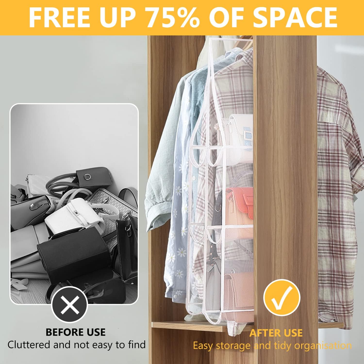 Hanging Handbag Purse Organizer,  2 Pack Transparent Hanging Closet Organizer with 8 Pockets, Washable Dust Proof Nylon Storage Bag for Closet and Wardrobe - Image 4