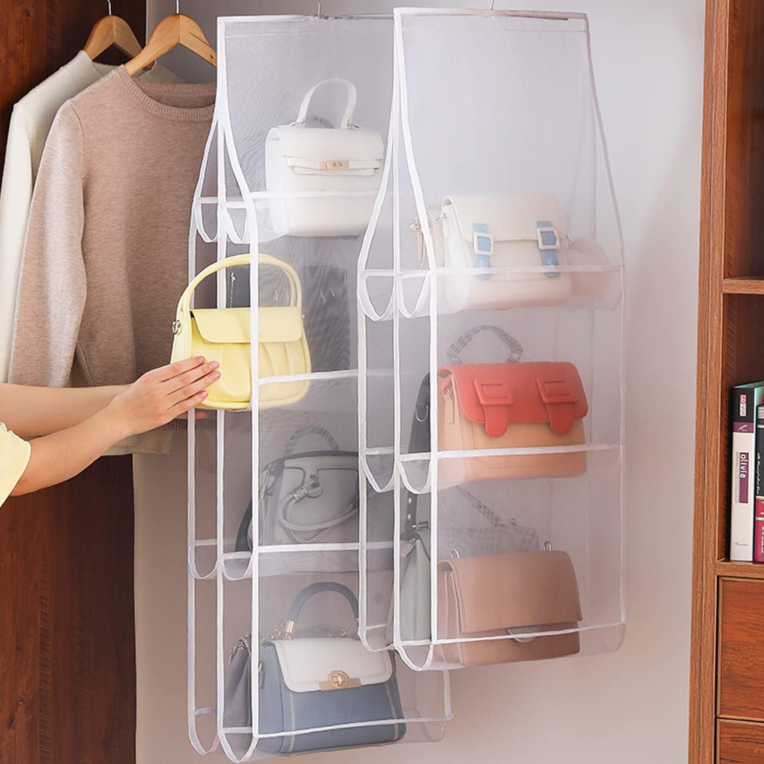 Hanging Handbag Purse Organizer,  2 Pack Transparent Hanging Closet Organizer with 8 Pockets, Washable Dust Proof Nylon Storage Bag for Closet and Wardrobe - Image 5