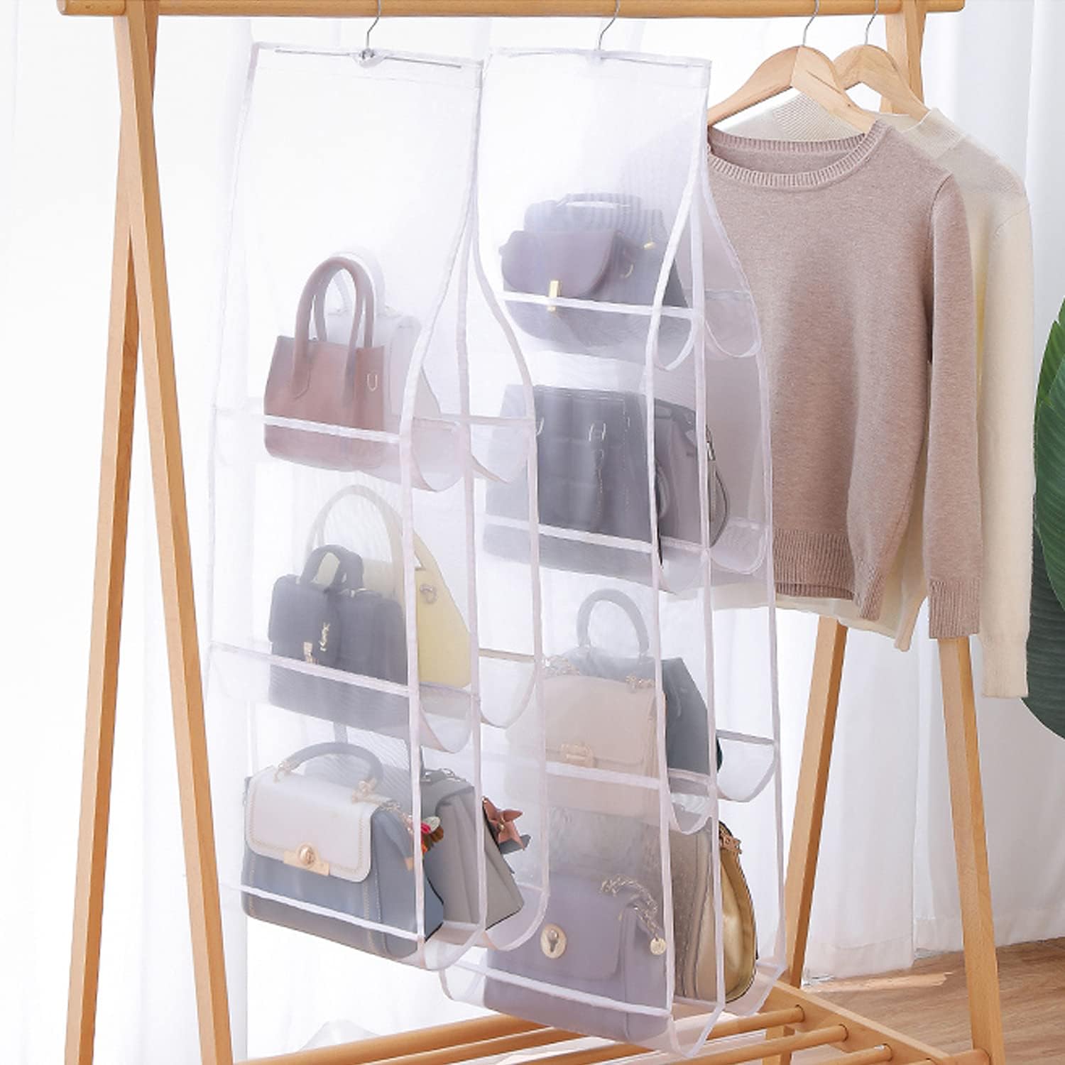 Hanging Handbag Purse Organizer,  2 Pack Transparent Hanging Closet Organizer with 8 Pockets, Washable Dust Proof Nylon Storage Bag for Closet and Wardrobe - Image 6