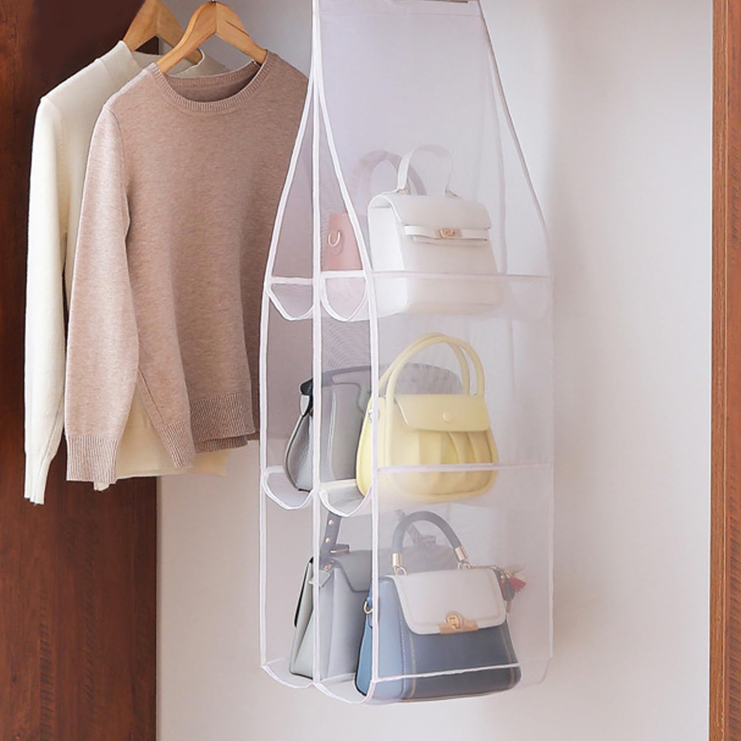 Hanging Handbag Purse Organizer,  2 Pack Transparent Hanging Closet Organizer with 8 Pockets, Washable Dust Proof Nylon Storage Bag for Closet and Wardrobe - Image 7