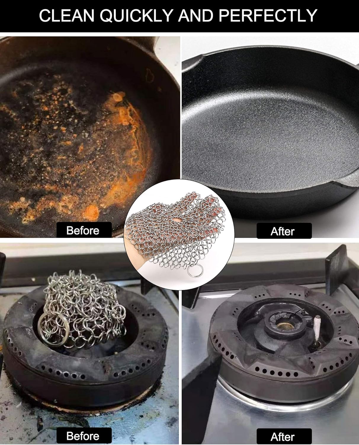 Cast Iron Cleaner, 2 Pack Stainless Steel Chainmail Scrubber for Cast Iron Pan Pot Skillet Brush Scraper Scrub Cleaner (7IN& 5IN Round). - Image 2