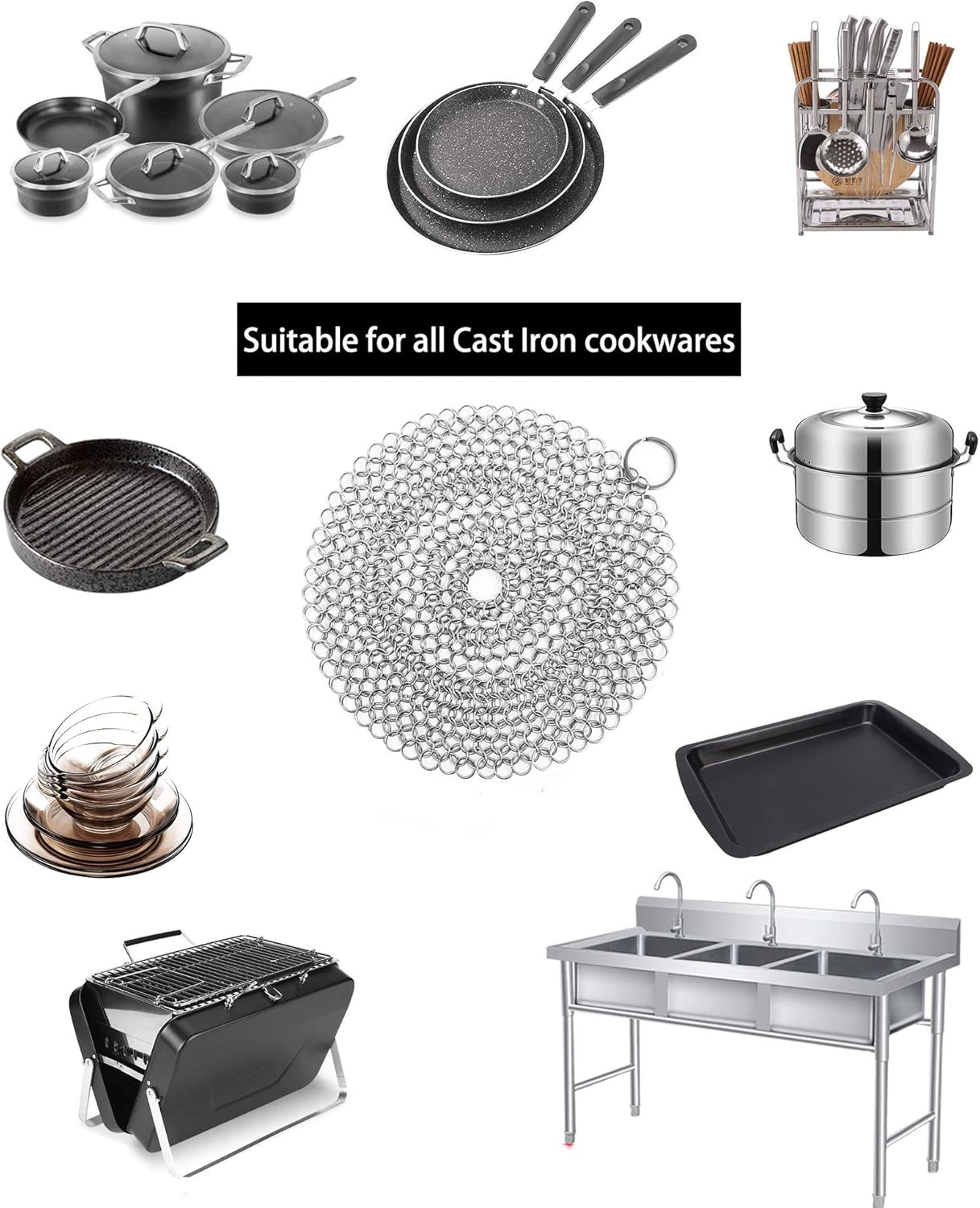 Cast Iron Cleaner, 2 Pack Stainless Steel Chainmail Scrubber for Cast Iron Pan Pot Skillet Brush Scraper Scrub Cleaner (7IN& 5IN Round). - Image 4