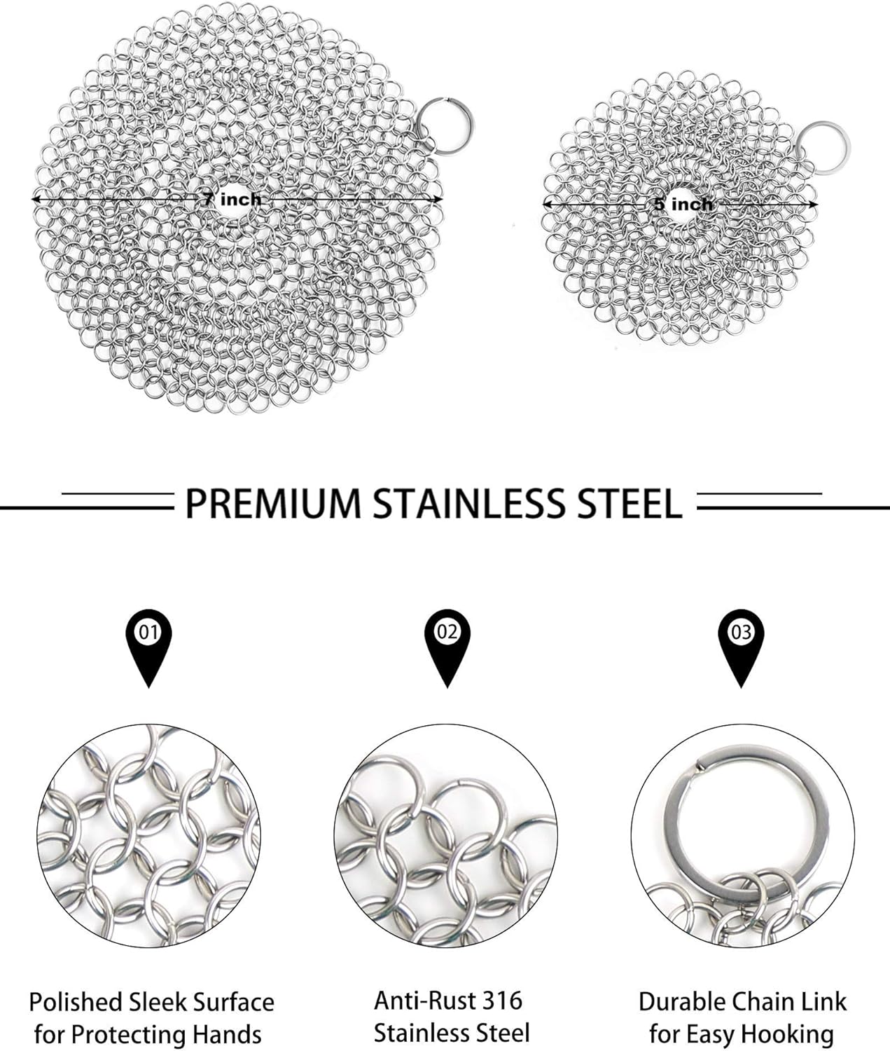 Cast Iron Cleaner, 2 Pack Stainless Steel Chainmail Scrubber for Cast Iron Pan Pot Skillet Brush Scraper Scrub Cleaner (7IN& 5IN Round). - Image 5