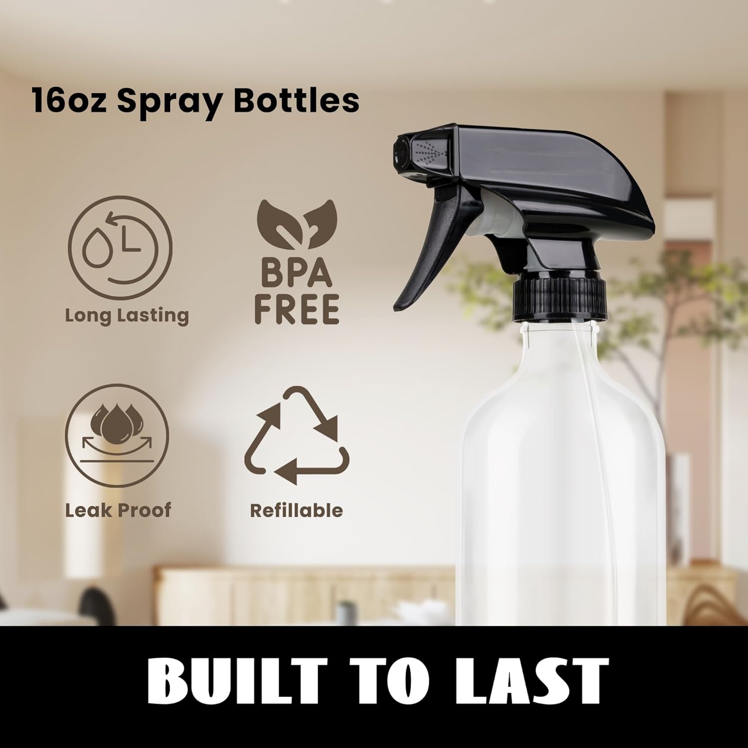 Plastic Spray Bottles 3 Pack, Refillable 16 oz Empty Spray Bottle for Cleaning Solution, Durable and Powerful Nozzle, Spray Bottles for Hair, Plants, Cleaner, Oil - Image 3