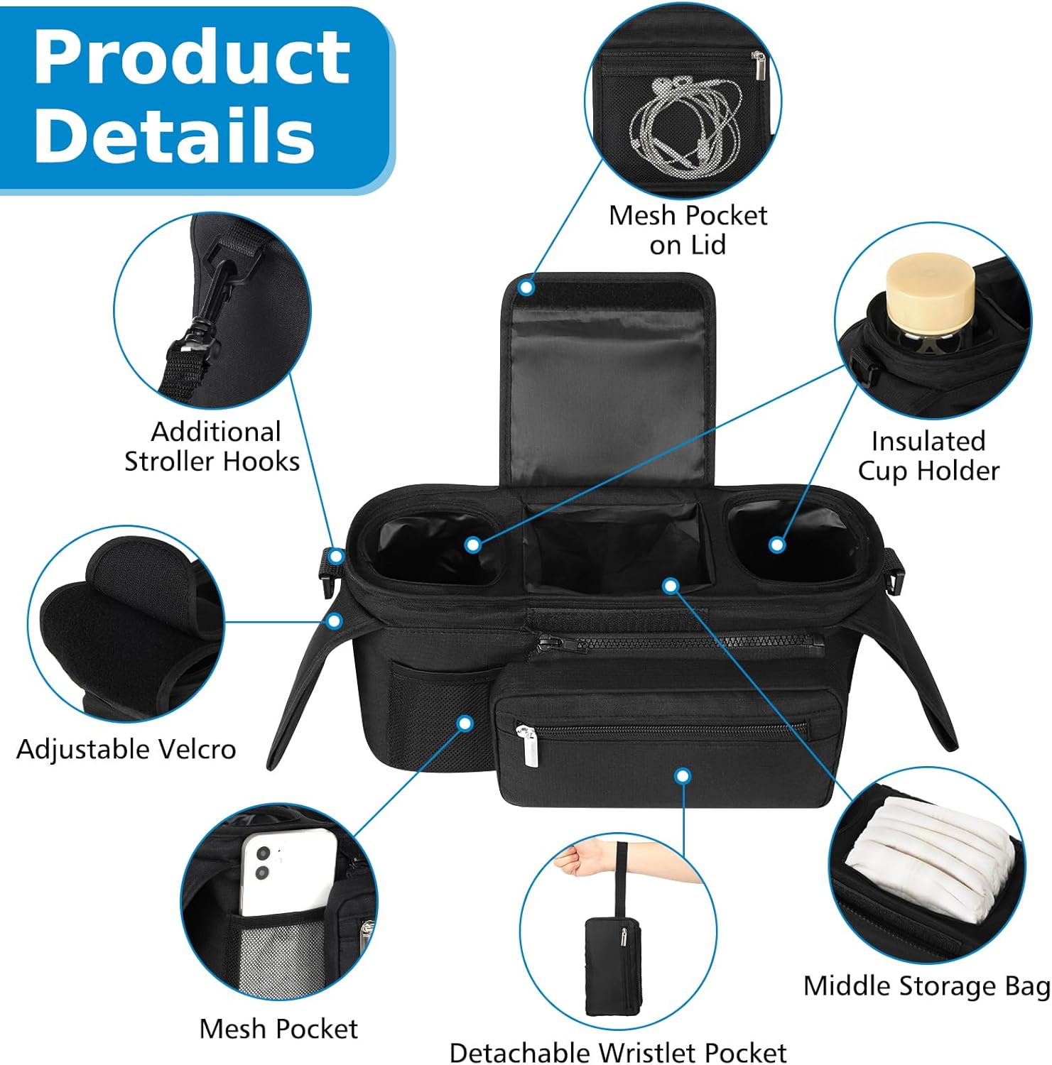 Universal Stroller Organizer with Insulated Cup Holder Detachable Phone Bag and Shoulder Strap,Stroller Bag Caddy Organizer Accessories Fits for Uppababy, Baby Jogger, Britax Strollers - Image 4