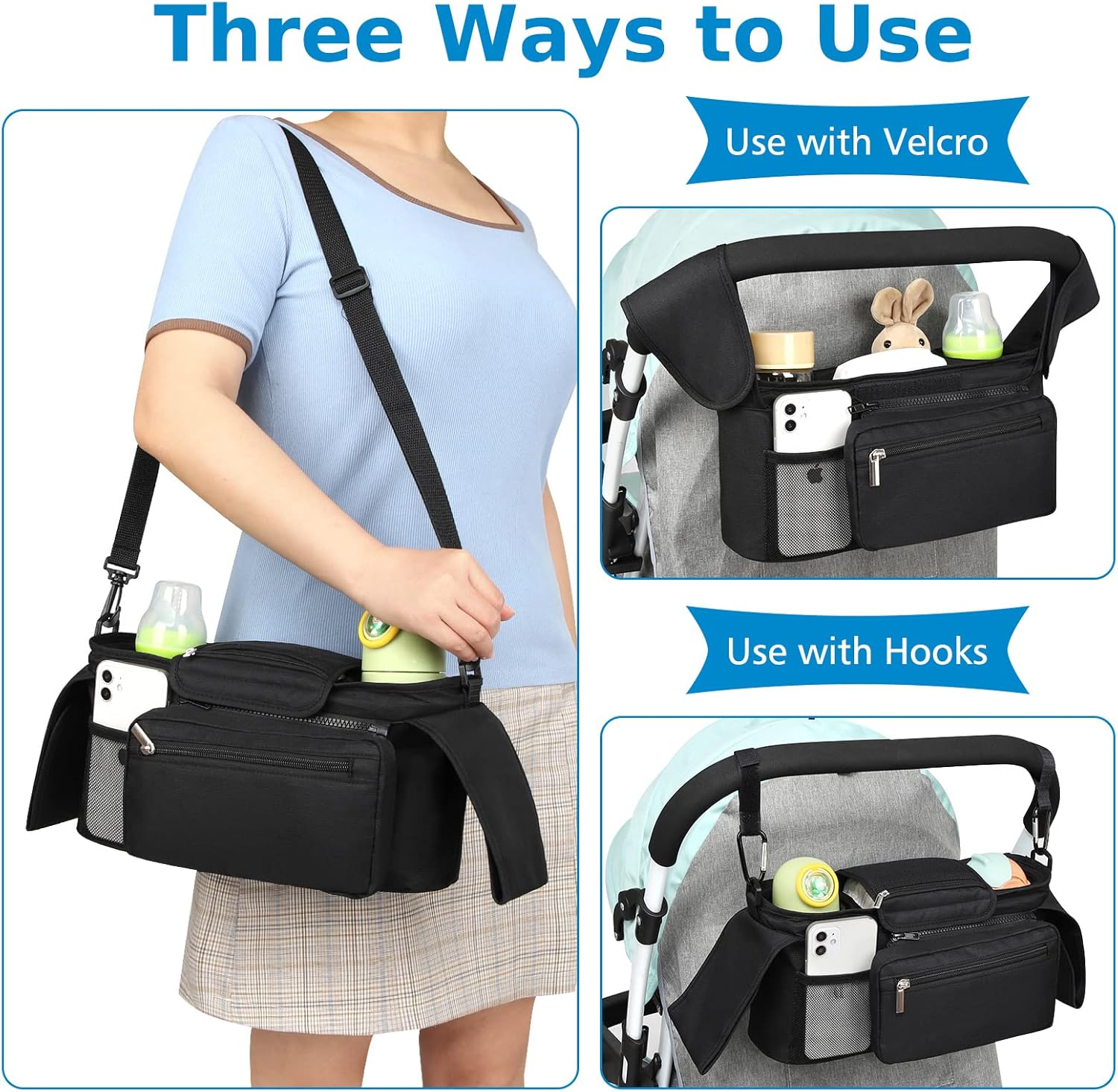Universal Stroller Organizer with Insulated Cup Holder Detachable Phone Bag and Shoulder Strap,Stroller Bag Caddy Organizer Accessories Fits for Uppababy, Baby Jogger, Britax Strollers - Image 5