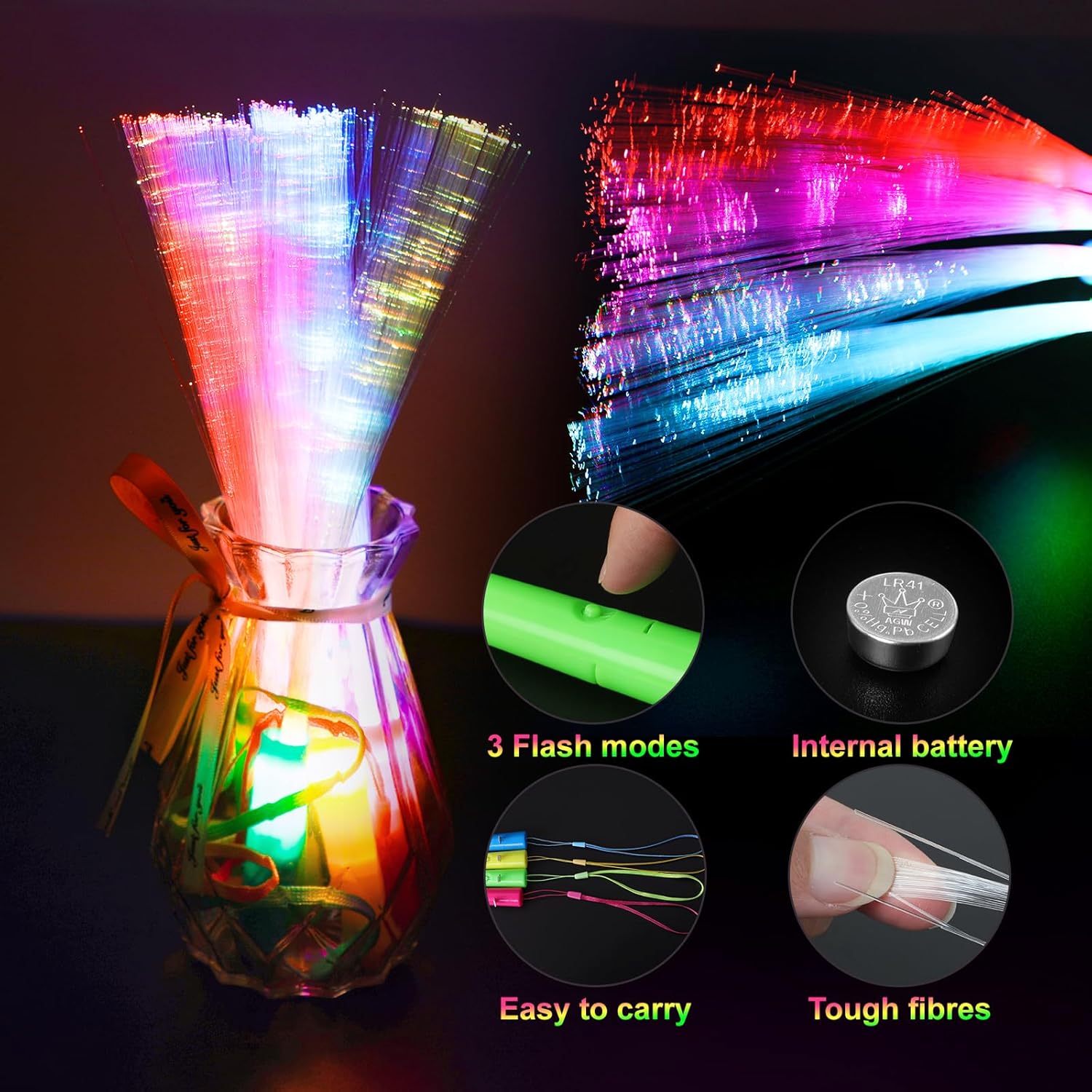 10 Led Fibre Glow Sticks Multi-Coloured Flashing Glow Sticks with 3 Light Modes For Night Parties, Birthday Parties, Easter, Discos, Concerts, Christmas, Carnivals, Weddings(Random Colour) - Image 4