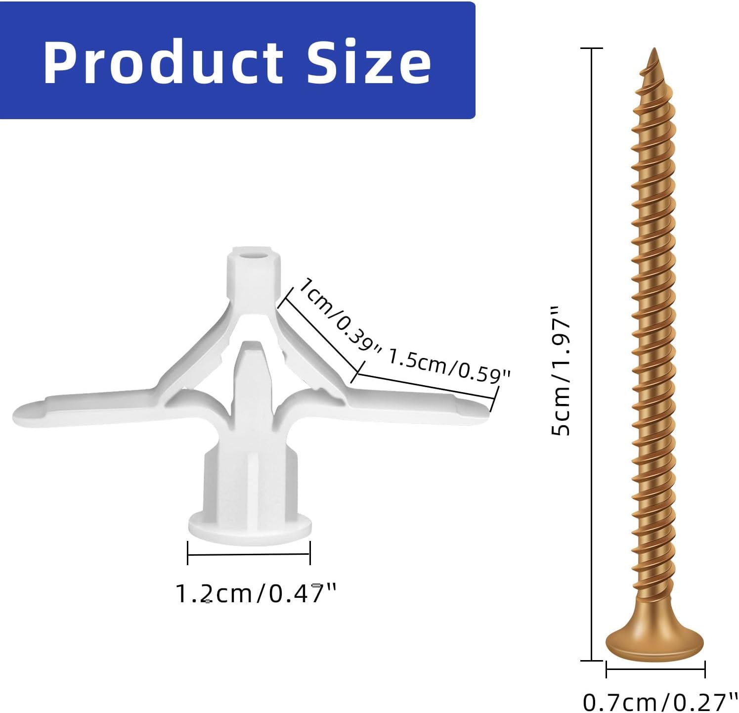 Self Drilling Plastic Anchors Drywall Anchor Kit, 50 PCS self-Tapping Screws + 50 PCS Plastic Anchors, Hollow Wall Butterfly Expansion Tube Pipe with Screws, White - Image 2