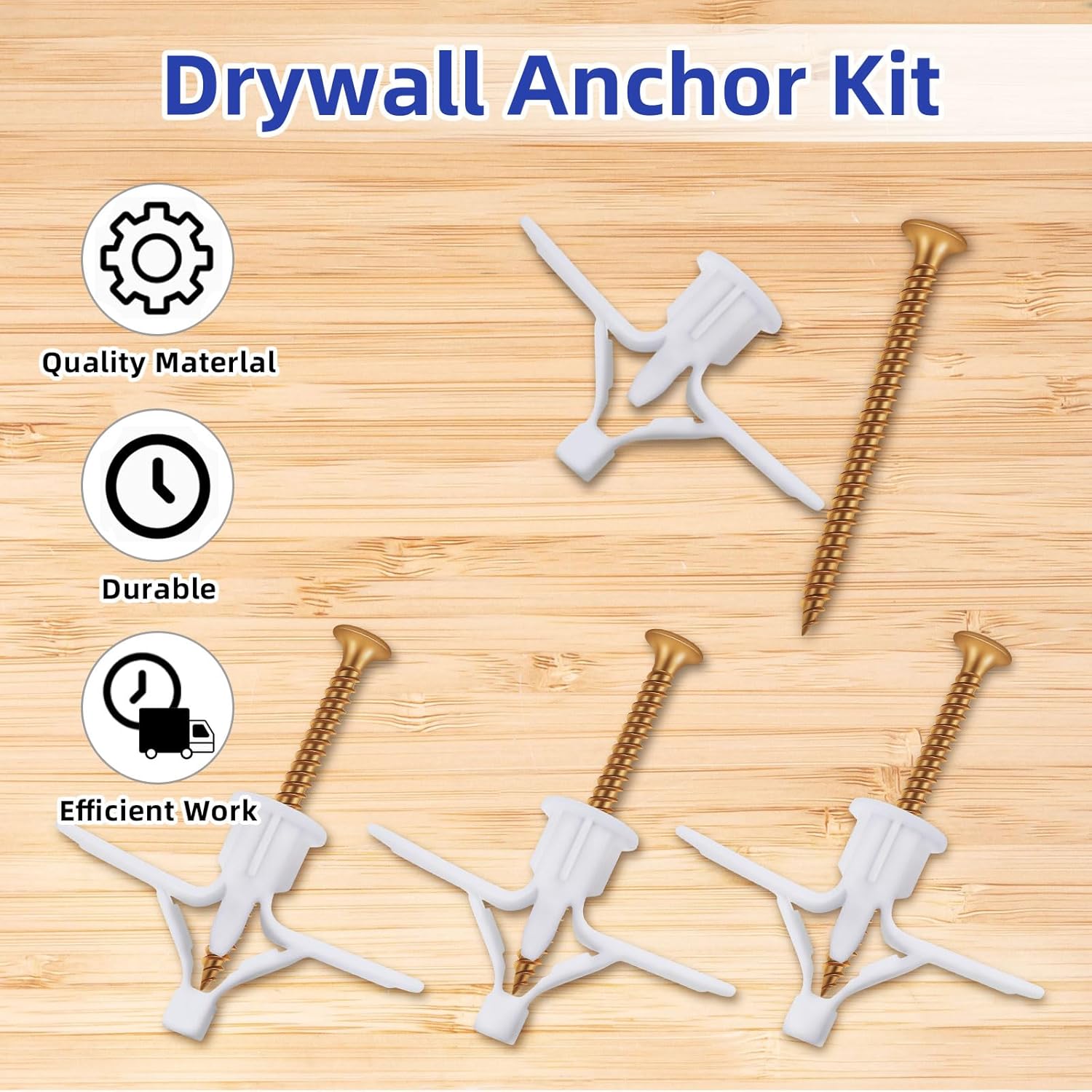 Self Drilling Plastic Anchors Drywall Anchor Kit, 50 PCS self-Tapping Screws + 50 PCS Plastic Anchors, Hollow Wall Butterfly Expansion Tube Pipe with Screws, White - Image 4