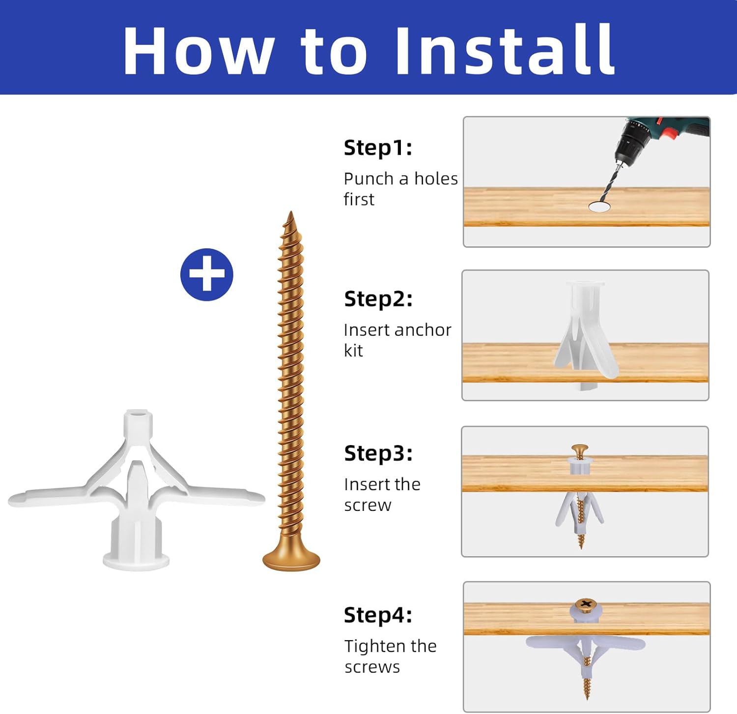 Self Drilling Plastic Anchors Drywall Anchor Kit, 50 PCS self-Tapping Screws + 50 PCS Plastic Anchors, Hollow Wall Butterfly Expansion Tube Pipe with Screws, White - Image 5