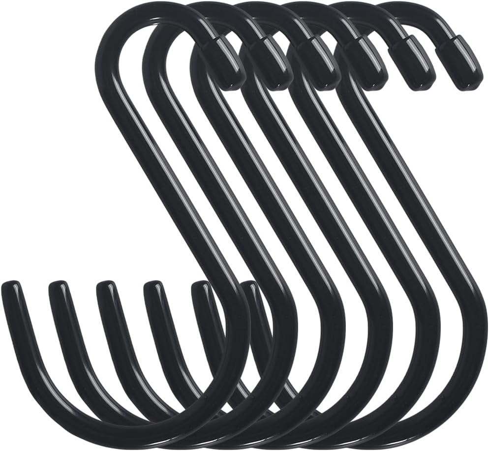 6 Inch Heavy Duty Vinyl Coated S Hooks, Black Rubber Coated S Hooks, Extra Thick Non Slip Metal S Hanger for Closet, Garden, Garage, Kitchen Hanging, Black, Pack of 6 - Image 1
