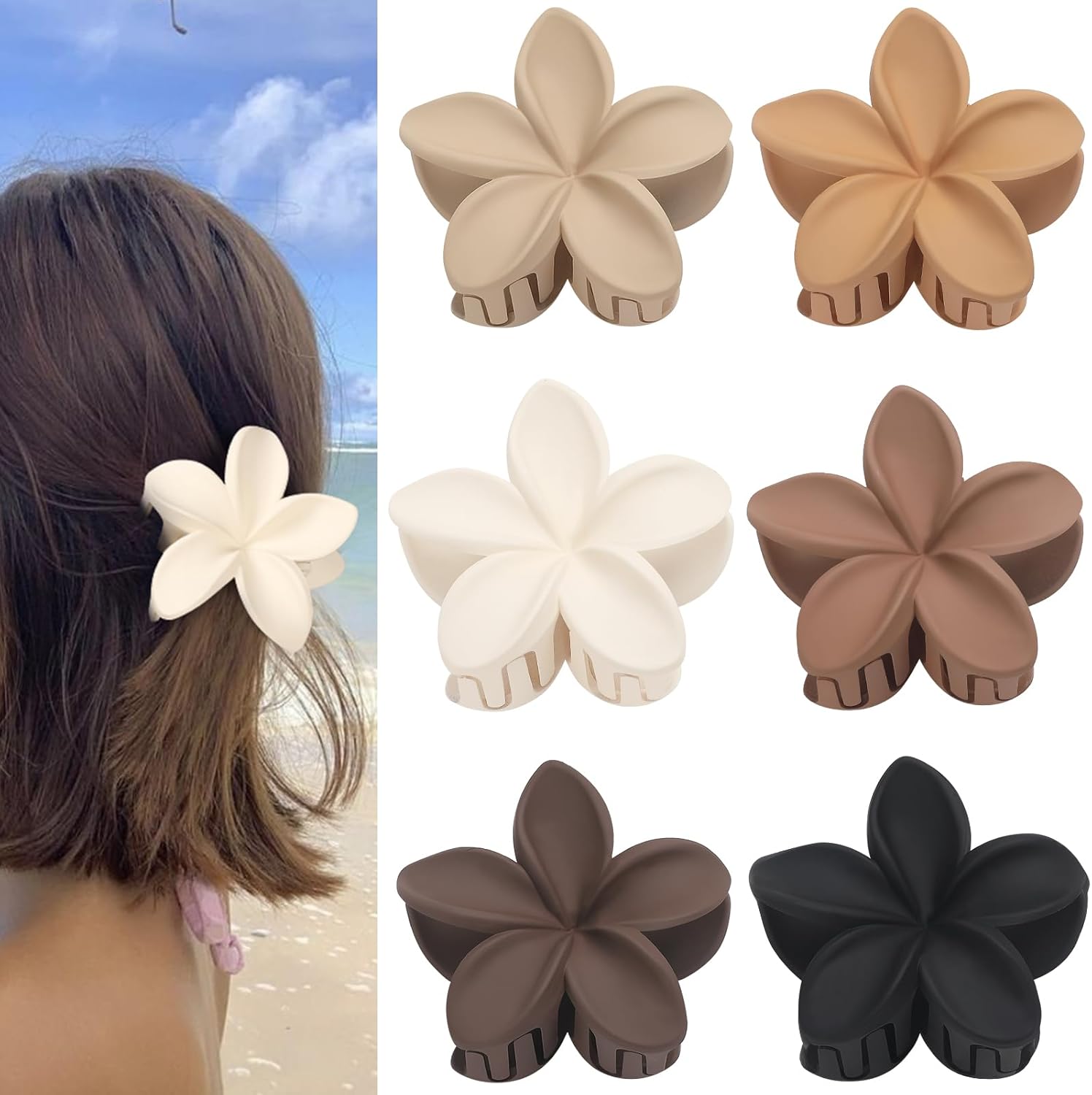 Hawaiian Plumeria Flower Claw Hair Clips - 6 Pcs Large for Thick Hair and Thin for Beach, Hair Accessories for Women and Girls - Khaki - Image 3