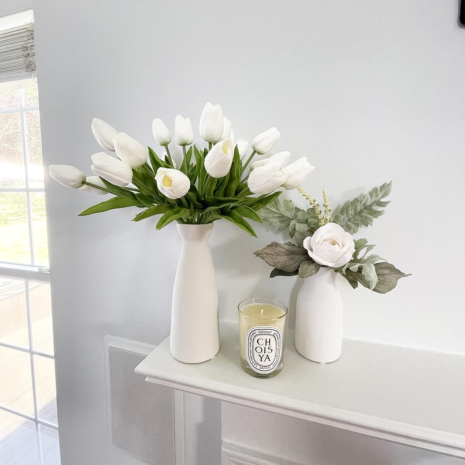20pcs Artificial Tulips Flowers Fake Faux PU Tulip Bouquet Real Touch Flower Arrangement for Home Room Office Party Wedding Decoration Excellent Gift Idea for Mothers Day (White) - Image 2