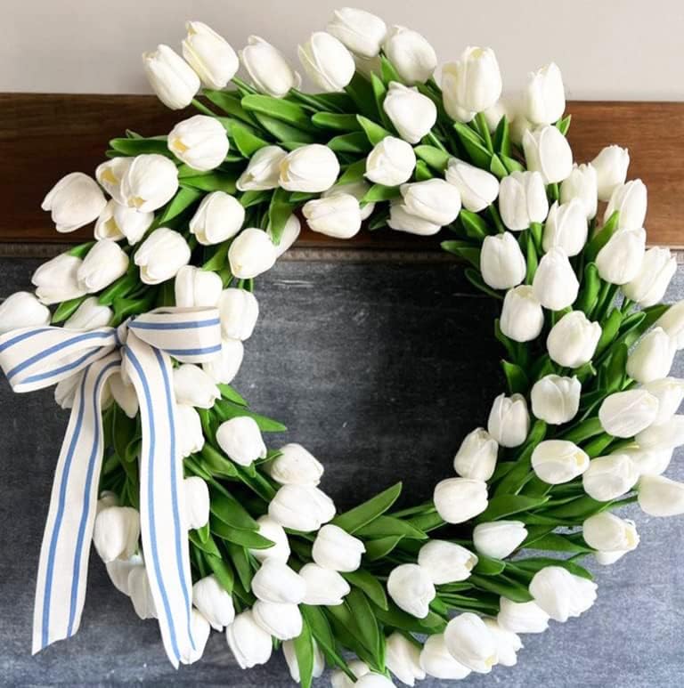 20pcs Artificial Tulips Flowers Fake Faux PU Tulip Bouquet Real Touch Flower Arrangement for Home Room Office Party Wedding Decoration Excellent Gift Idea for Mothers Day (White) - Image 3