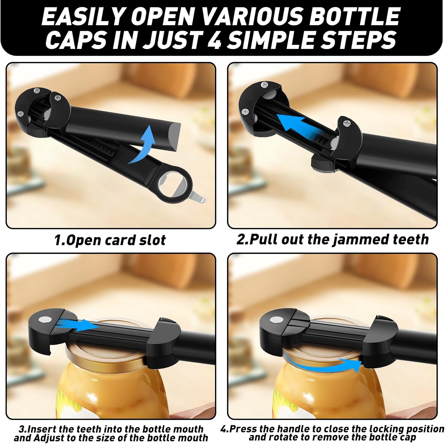 Jar Opener Bottle Opener for Seniors with Arthritis, Multi Retractable Magnetic Can Opener, Jar Grippers for Opening Jars, Kitchen Gadgets for Weak Hands and Senior Arthritis (Black) - Image 3