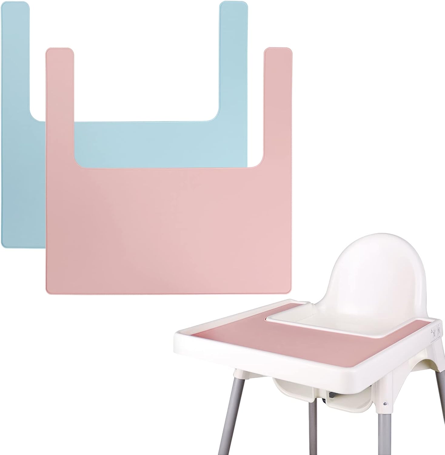 High Chair Placemat, Long Lasting High Chair Placemat Silicone, 2-Piece Set, Can Be Used Interchangeably, Suitable for IKEA Antilop Highchai, for Toddlers and Babies (Blue/Pink) - Image 1