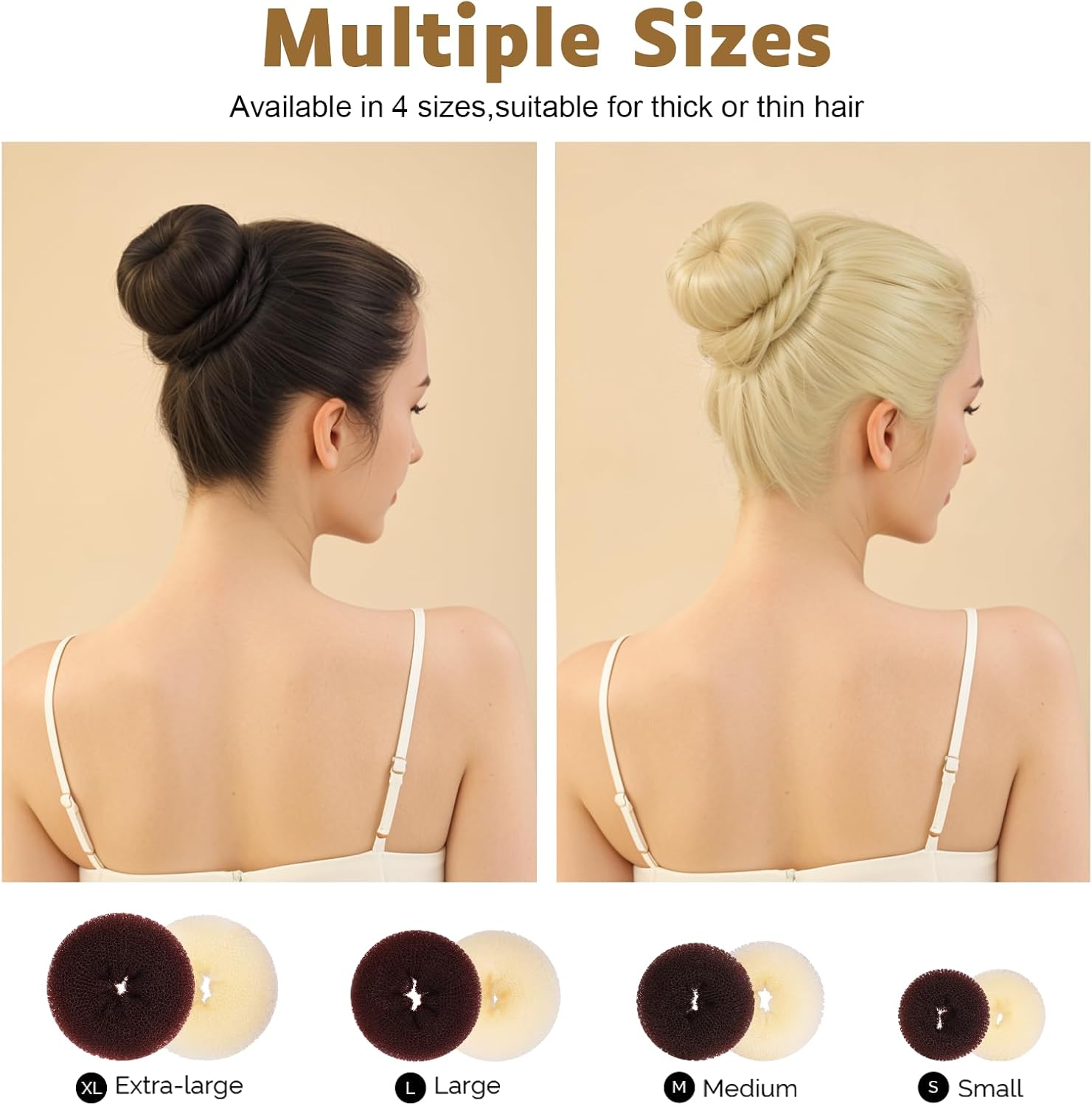 Hair Bun Maker Set, Donut Bun Maker Set With 4pcs Dark Brown &4pcs Beige(2 extra-large,2 large,2 medium and 2 small), 5 pieces Hair Elastic Bands, 40 pieces Hair Bobby Pins (Brown and Gold) - Image 2