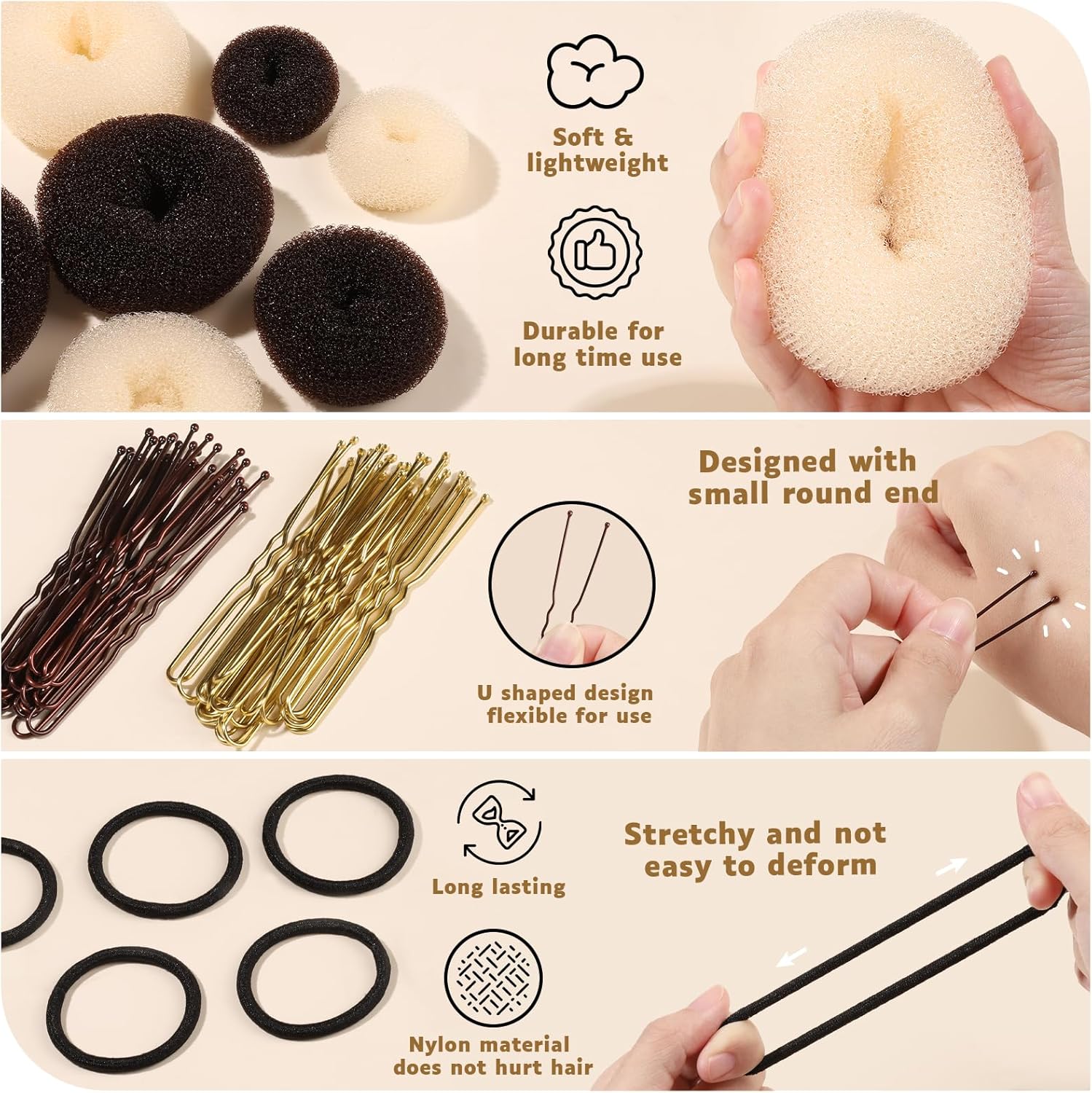 Hair Bun Maker Set, Donut Bun Maker Set With 4pcs Dark Brown &4pcs Beige(2 extra-large,2 large,2 medium and 2 small), 5 pieces Hair Elastic Bands, 40 pieces Hair Bobby Pins (Brown and Gold) - Image 3
