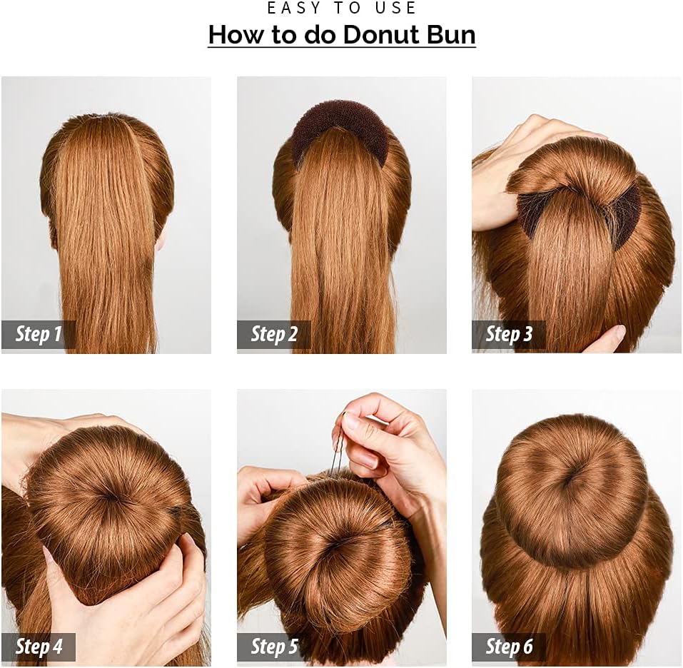 Hair Bun Maker Set, Donut Bun Maker Set With 4pcs Dark Brown &4pcs Beige(2 extra-large,2 large,2 medium and 2 small), 5 pieces Hair Elastic Bands, 40 pieces Hair Bobby Pins (Brown and Gold) - Image 5