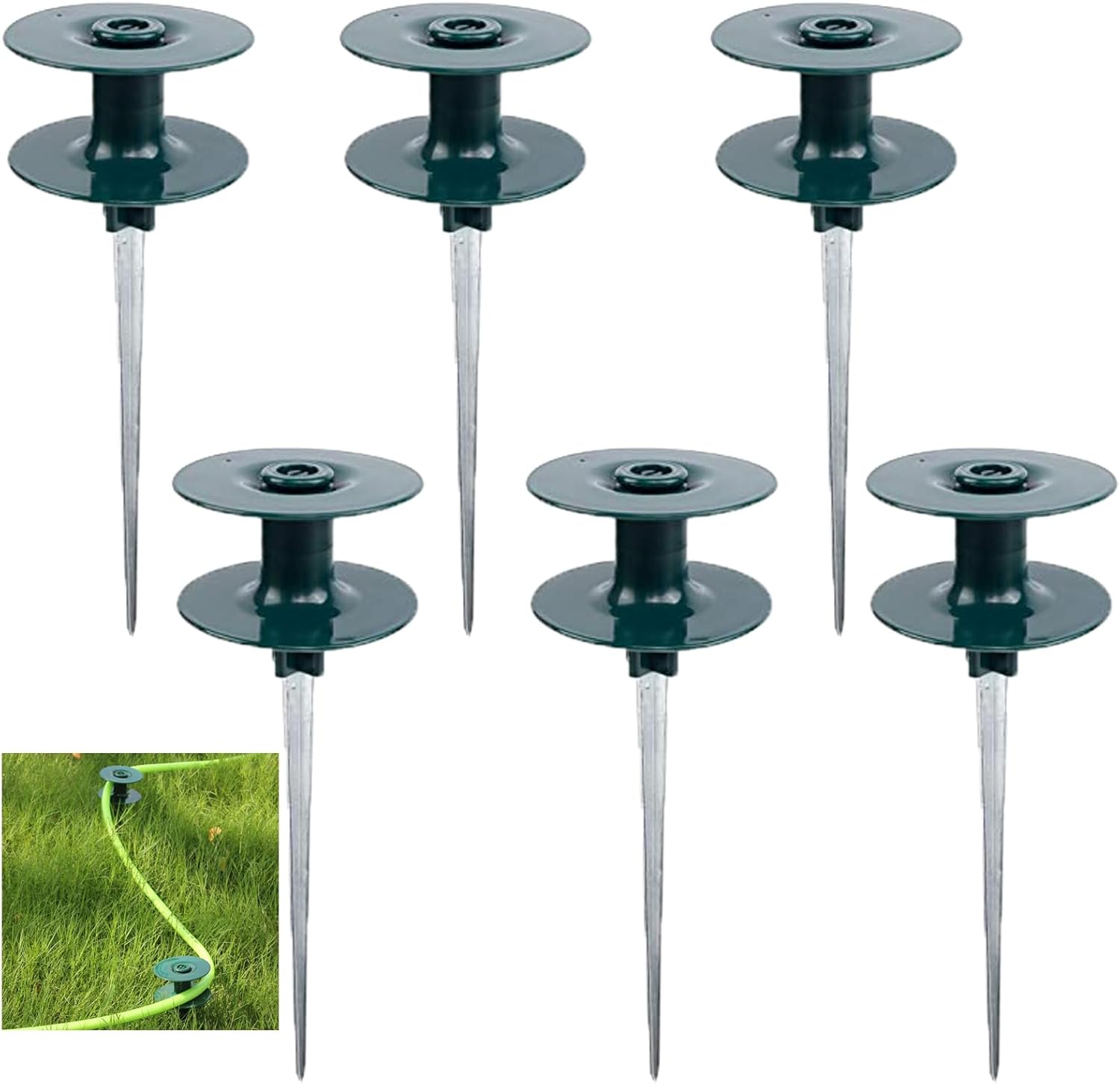 6 Pack Hose Guard Stake, 10 Inch Green ABS & Zinc Alloy Garden Hose Guide Spike with Heavy Spin Top, Protects Plants & Landscaping - Image 1