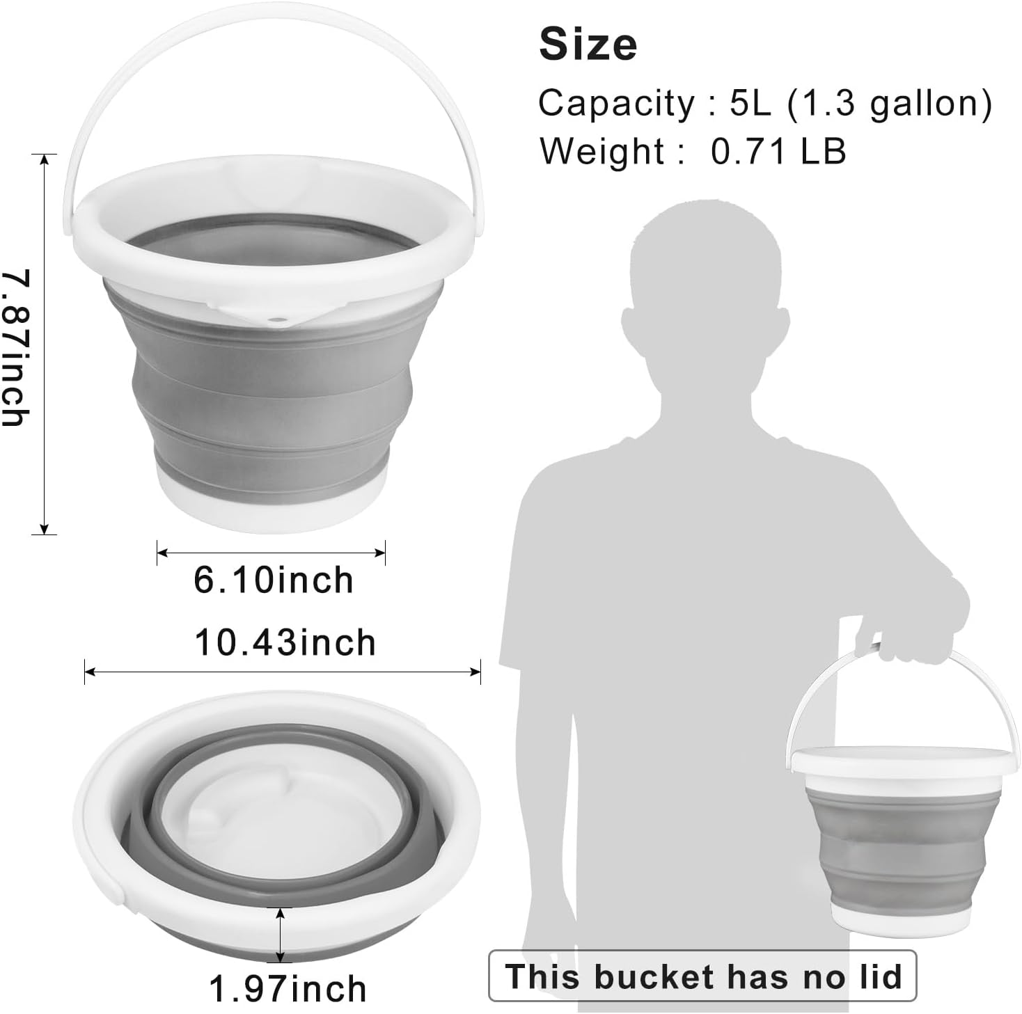 Collapsible Silicone 5L (1.3 Gallon) Cleaning Bucket - Household, Bathroom, Car Wash, Ice Bucket - Grey - Image 2