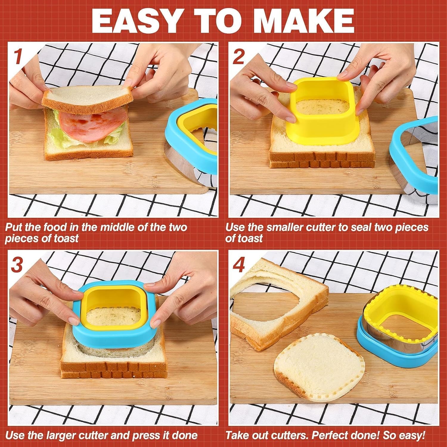 Sandwich Cutter and Sealer Set 4 Pcs Bread Decruster Sandwich Cutter Pancake Maker Heart Square Circle Dinosaur Shape DIY Cookie Cutters Gift for Kids Adult Boys Girls - Image 7