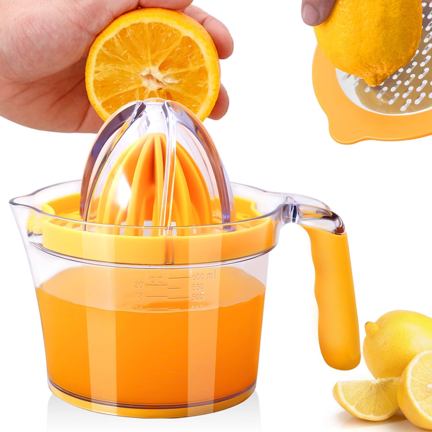 Citrus Lemon Orange Juicer Manual Hand Squeezer, Fruit Juicer Lime Press with Built-in Measuring Cup and Grater and Egg separator, Non-Slip Silicone Handle, 20OZ - Image 1