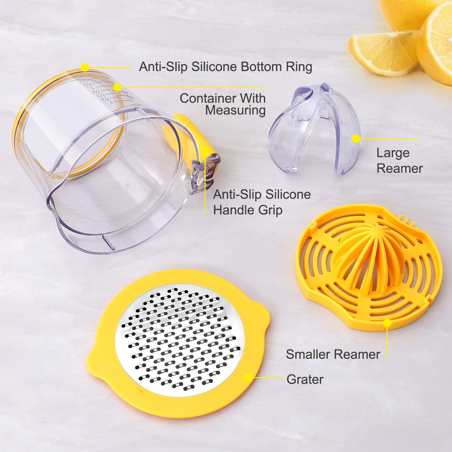 Citrus Lemon Orange Juicer Manual Hand Squeezer, Fruit Juicer Lime Press with Built-in Measuring Cup and Grater and Egg separator, Non-Slip Silicone Handle, 20OZ - Image 3